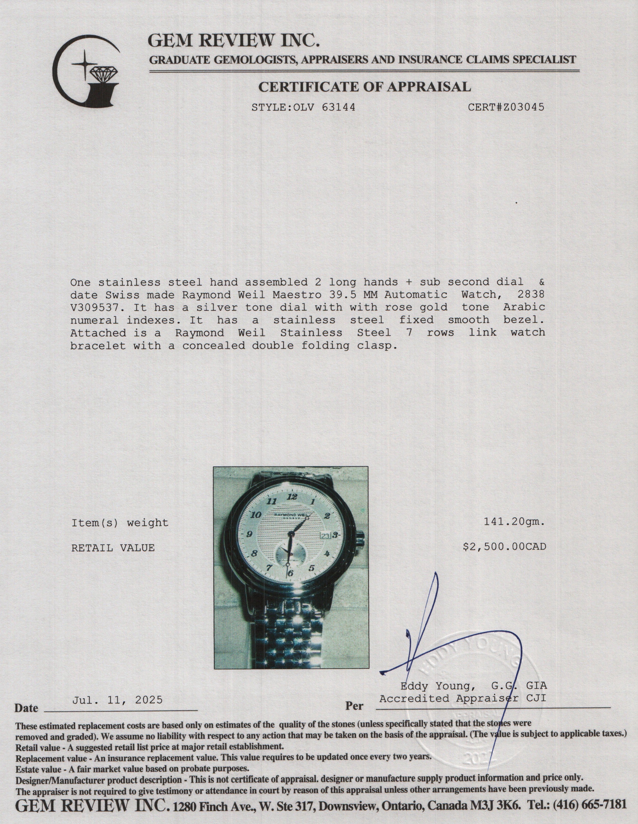 Raymond Weil Stainless Steel Maestro 39.5 MM Automatic Watch 2838 w/ Box