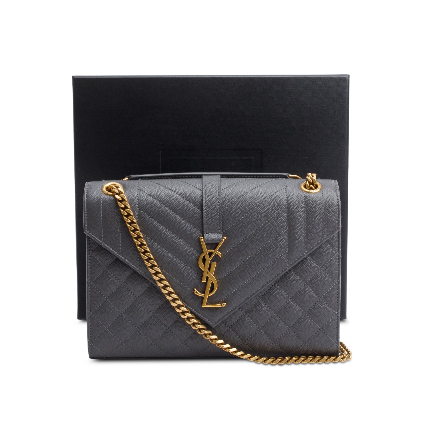 Saint Laurent 2022 Grey Grained De Poudre Medium Envelope Shoulder Bag w/ Box