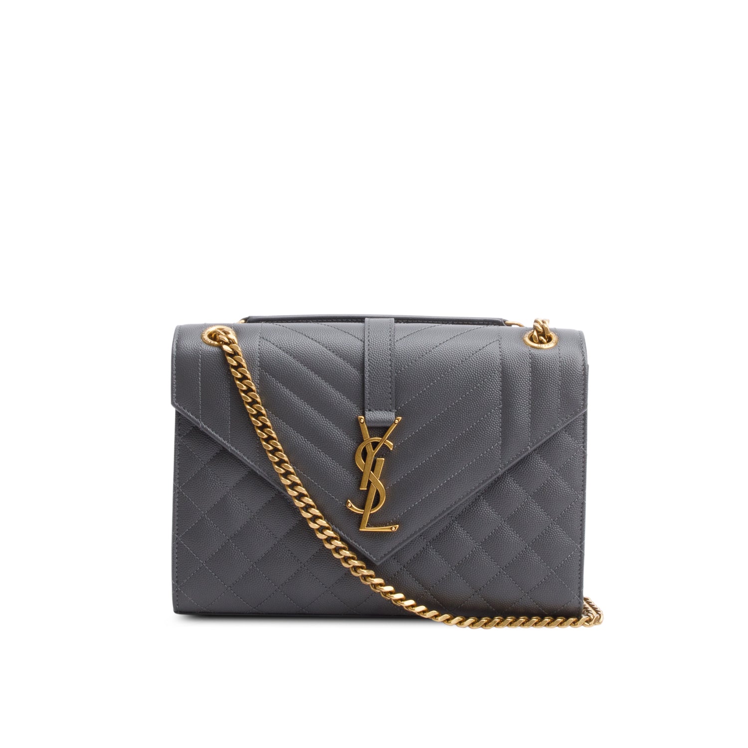 Saint Laurent 2022 Grey Grained De Poudre Medium Envelope Shoulder Bag w/ Box