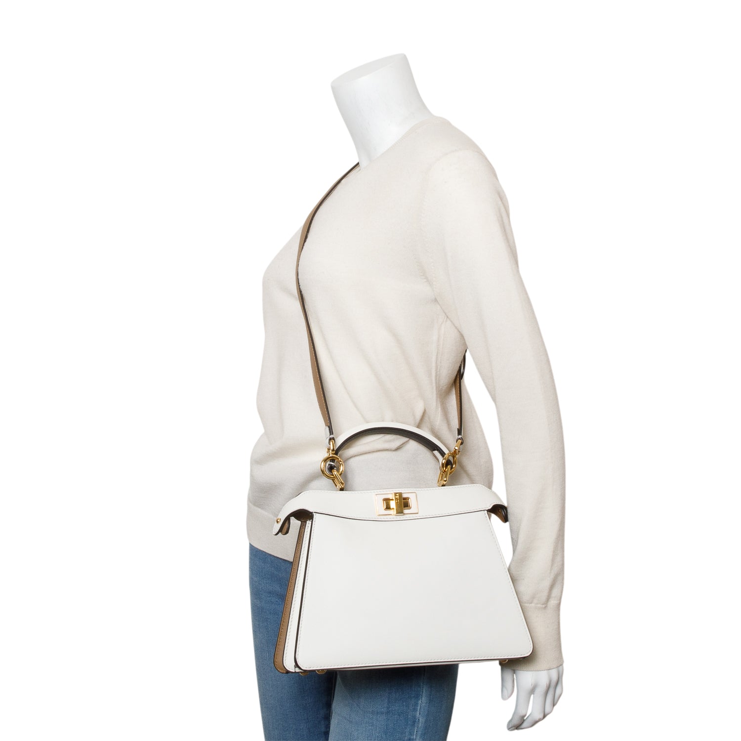 Fendi White/Tan Bicolor Nappa Leather Small Peekaboo ISeeU Bag w/ Strap