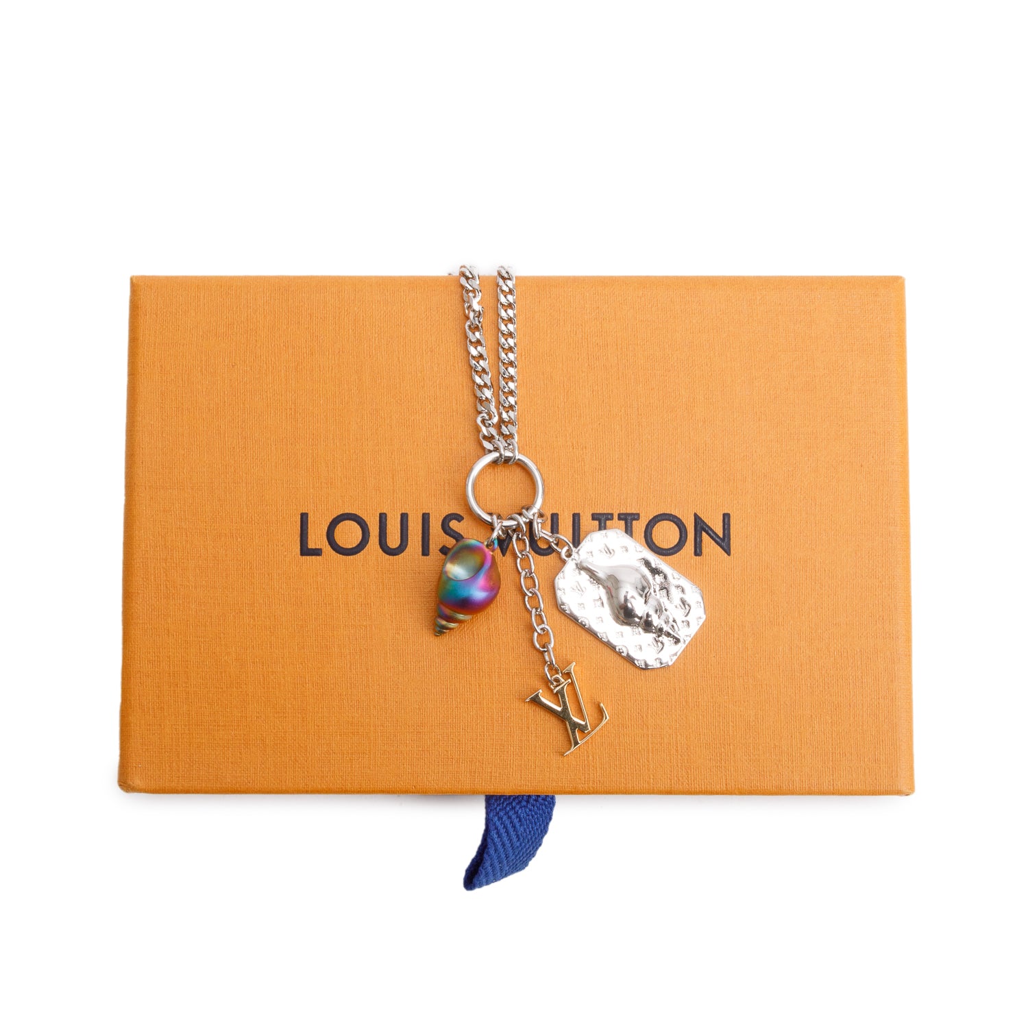 Louis Vuitton 2023 Palladium Plated LV Logo Shell Charm Pendant Necklace w/ Box