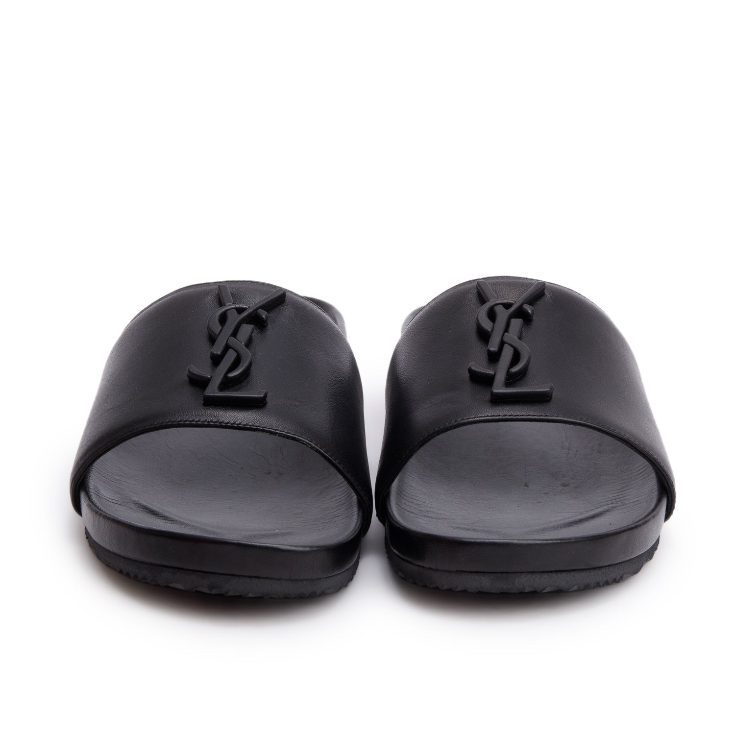 Saint Laurent Black Leather Joan Slide Sandals, Size 38.5 w/ Box