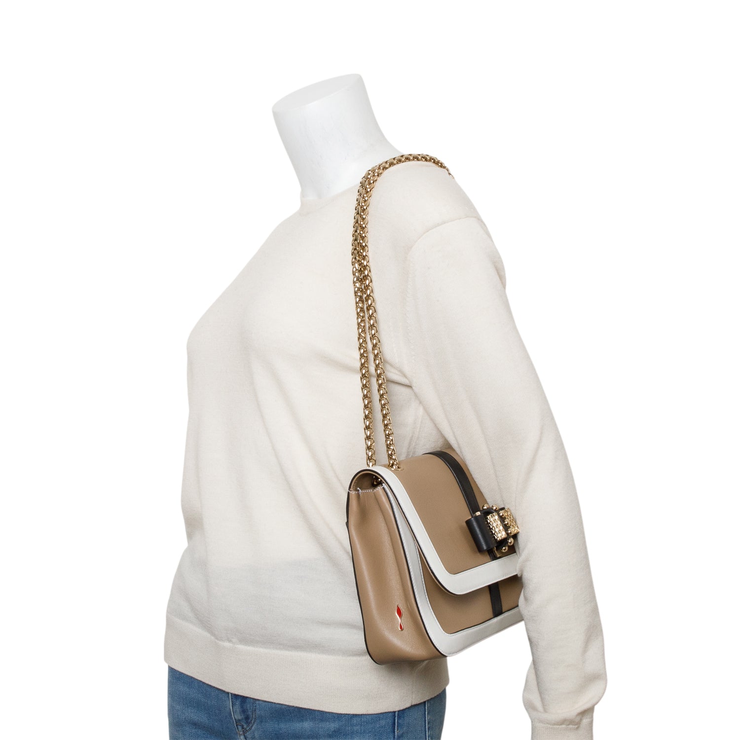 Christian Louboutin Beige/White Leather Trim Small Sweet Charity Flap Bag