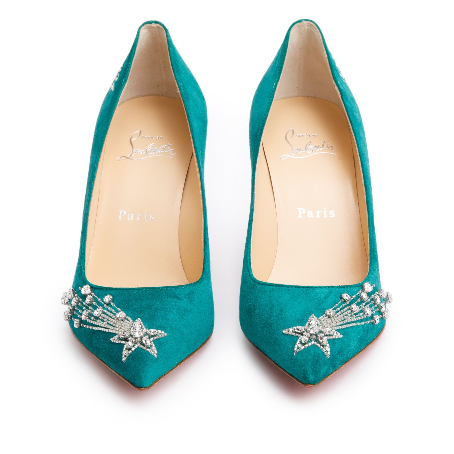 Christian Louboutin Green Suede Crystal Accent Kate Reward Program Pumps, Size 35.5 w/ Box
