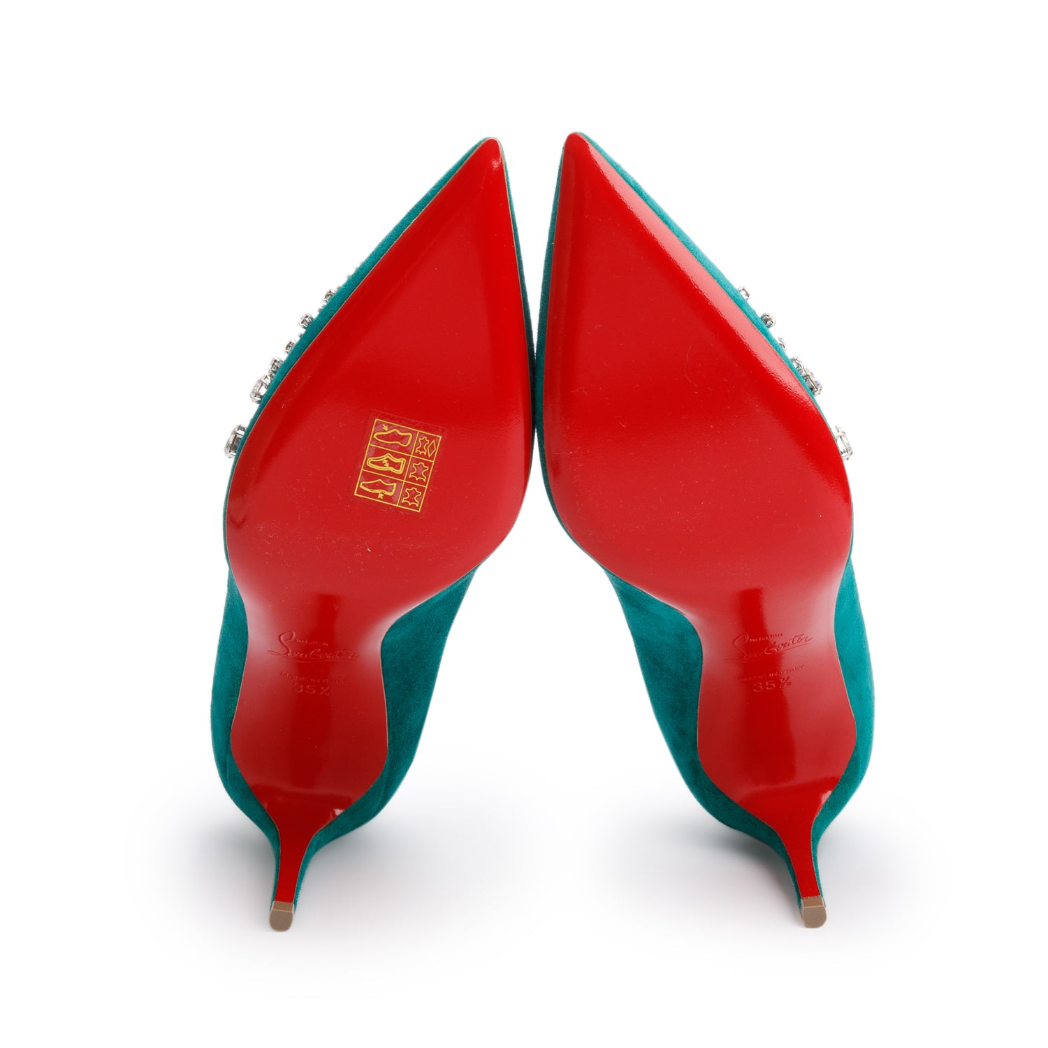 Christian Louboutin Green Suede Crystal Accent Kate Reward Program Pumps, Size 35.5 w/ Box