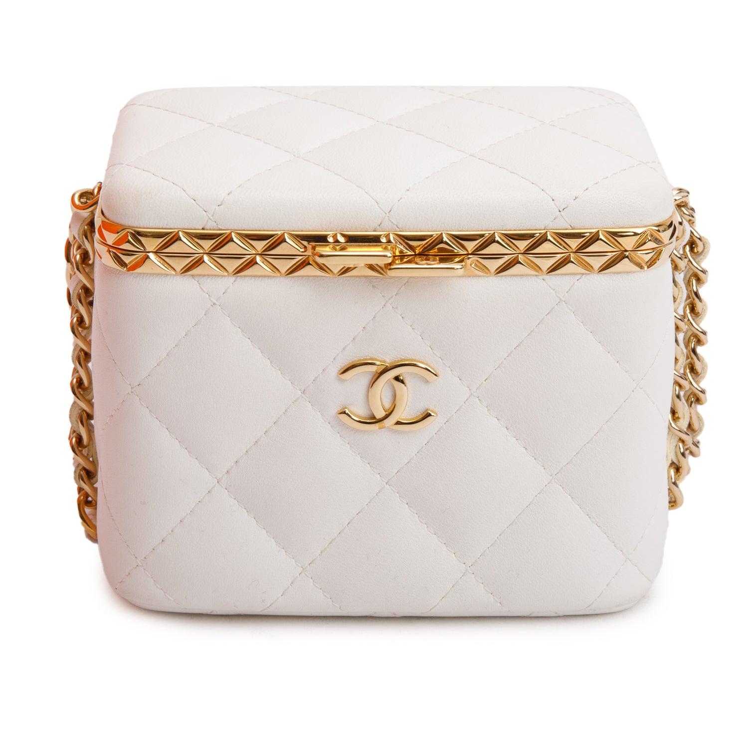 Chanel 2022 White Quilted Lambskin Leather Small Lock Frame Chain Vanity Case w/ Authenticity Card