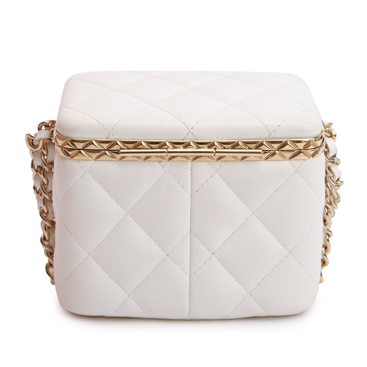 Chanel 2022 White Quilted Lambskin Leather Small Lock Frame Chain Vanity Case w/ Authenticity Card