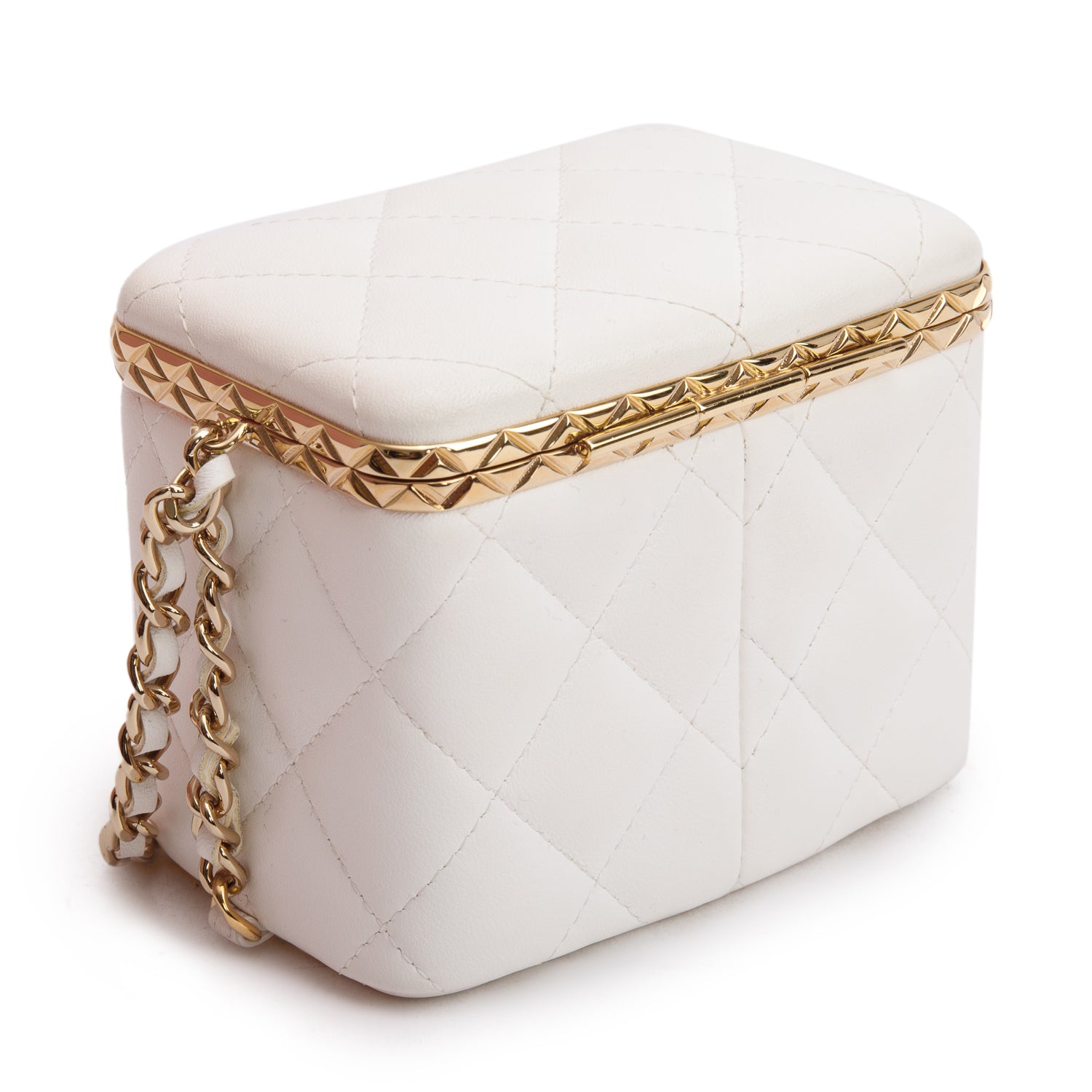 Chanel 2022 White Quilted Lambskin Leather Small Lock Frame Chain Vanity Case w/ Authenticity Card