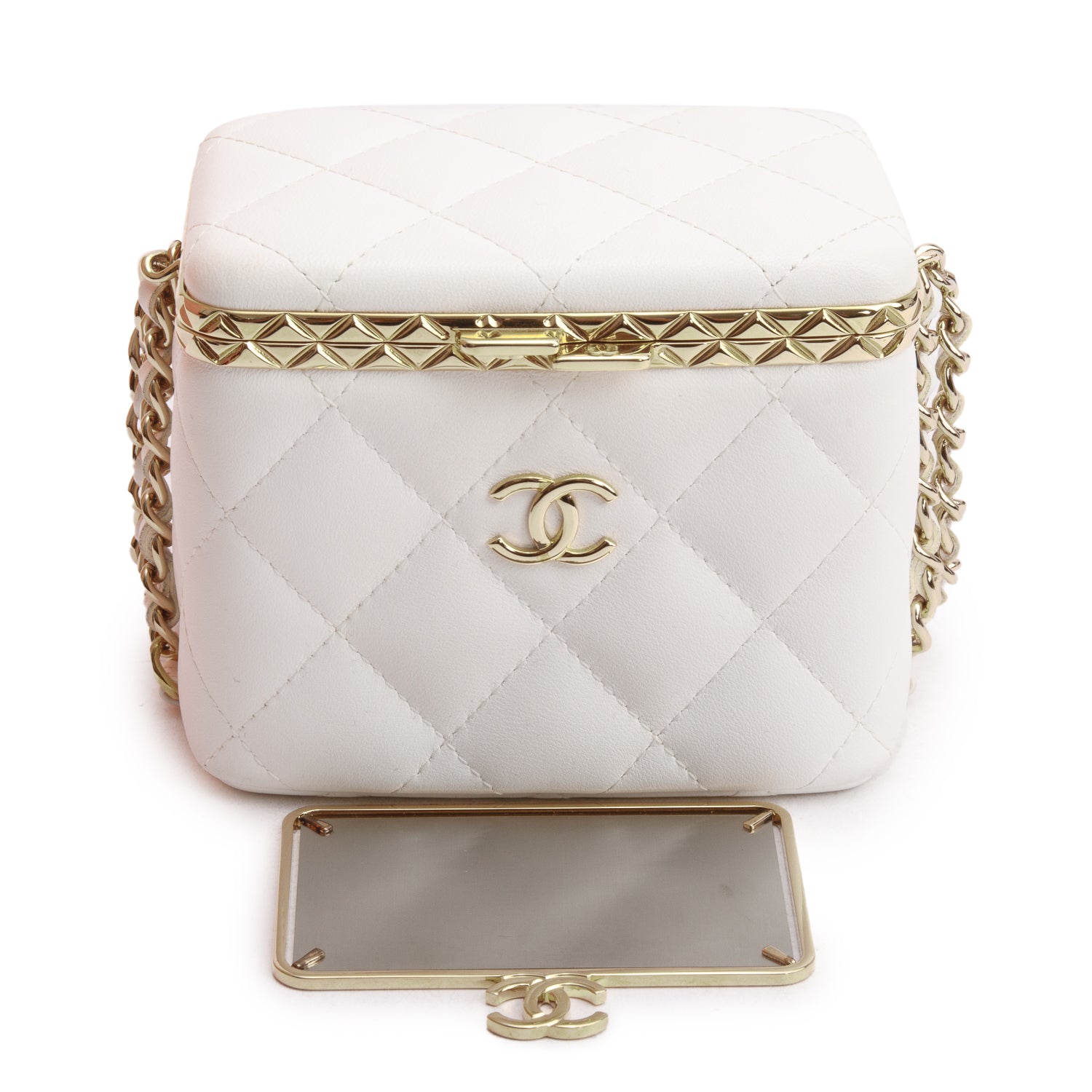 Chanel 2022 White Quilted Lambskin Leather Small Lock Frame Chain Vanity Case w/ Authenticity Card