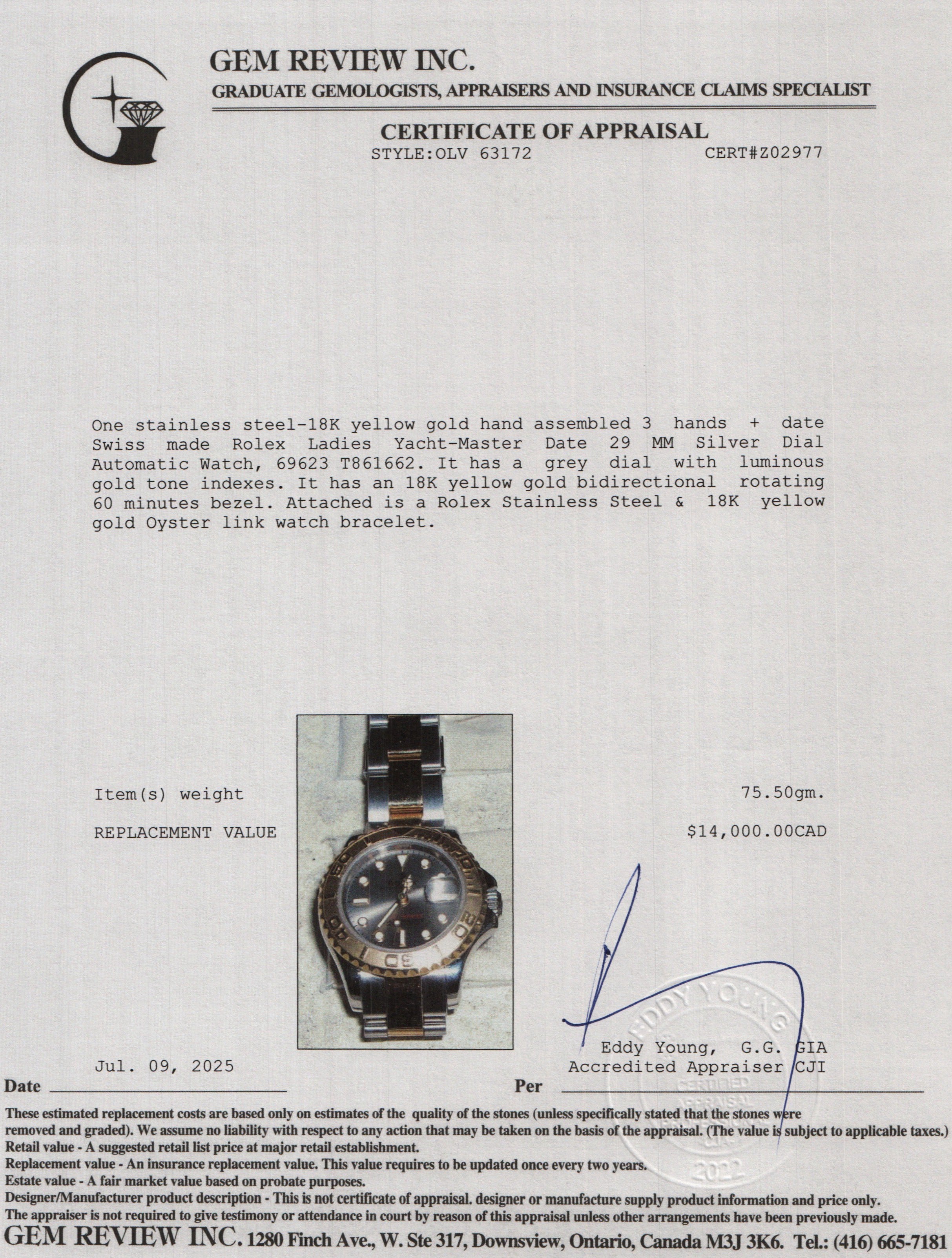 Rolex Stainless Steel & 18k Yellow Gold Ladies Yacht-Master Date 29 MM Silver Dial Automatic Watch 69623 w/ Box & Papers