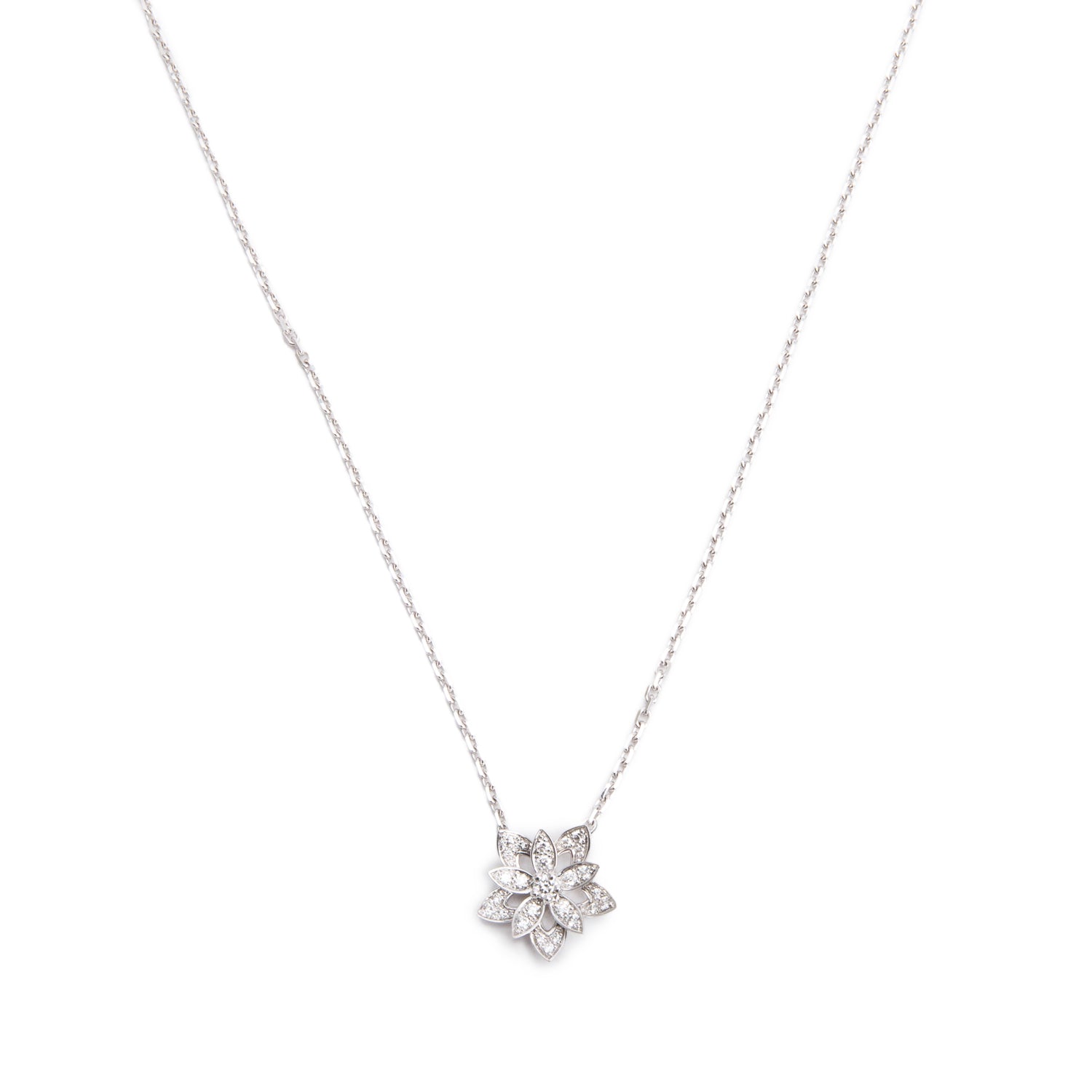 Van Cleef & Arpels 2024 18k White Gold Diamond Lotus Openwork Pendant Necklace, Mini Modelw/ Box, Receipt & Certificate