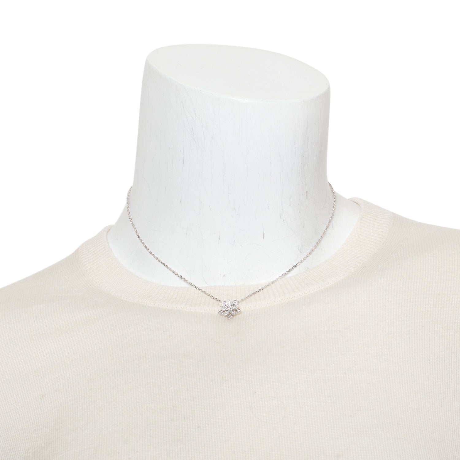 Van Cleef & Arpels 2024 18k White Gold Diamond Lotus Openwork Pendant Necklace, Mini Modelw/ Box, Receipt & Certificate