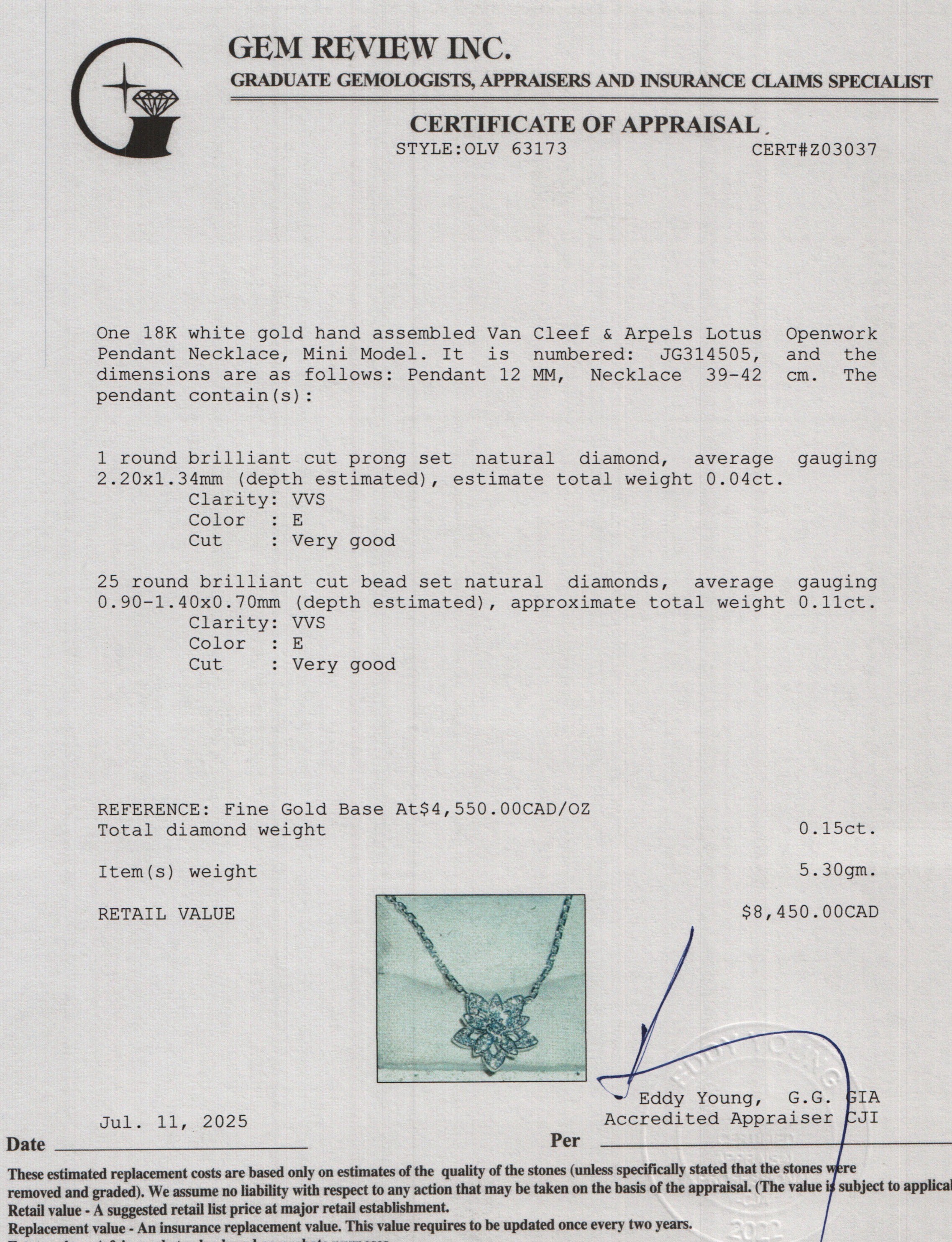 Van Cleef & Arpels 2024 18k White Gold Diamond Lotus Openwork Pendant Necklace, Mini Modelw/ Box, Receipt & Certificate