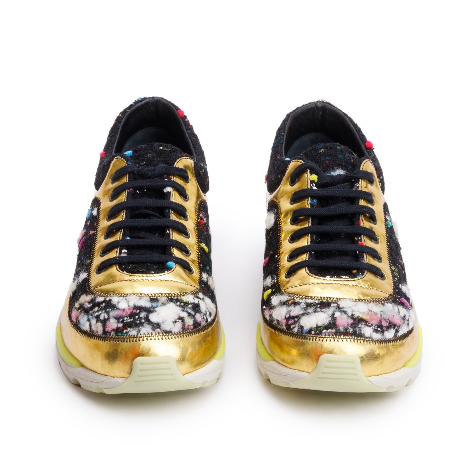 Chanel Gold/Black Trim Tweed Interlocking CC Logo Sneakers, Size 39 w/ Box