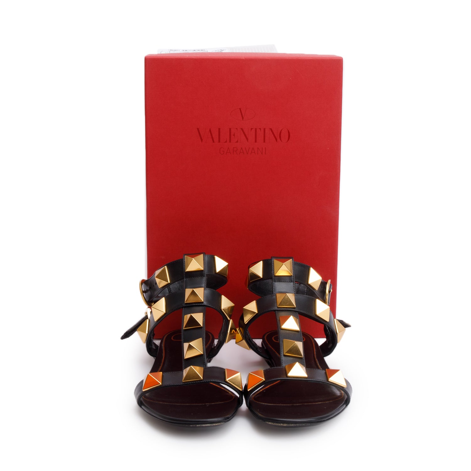 Valentino Black Leather Roman Stud Flat Slingback Sandals, Size 39 w/ Box