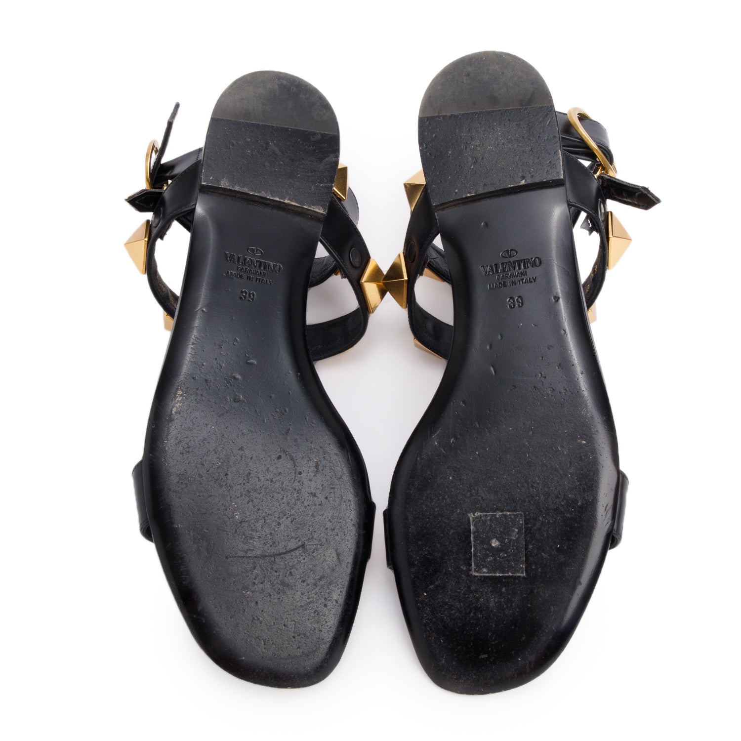 Valentino Black Leather Roman Stud Flat Slingback Sandals, Size 39 w/ Box