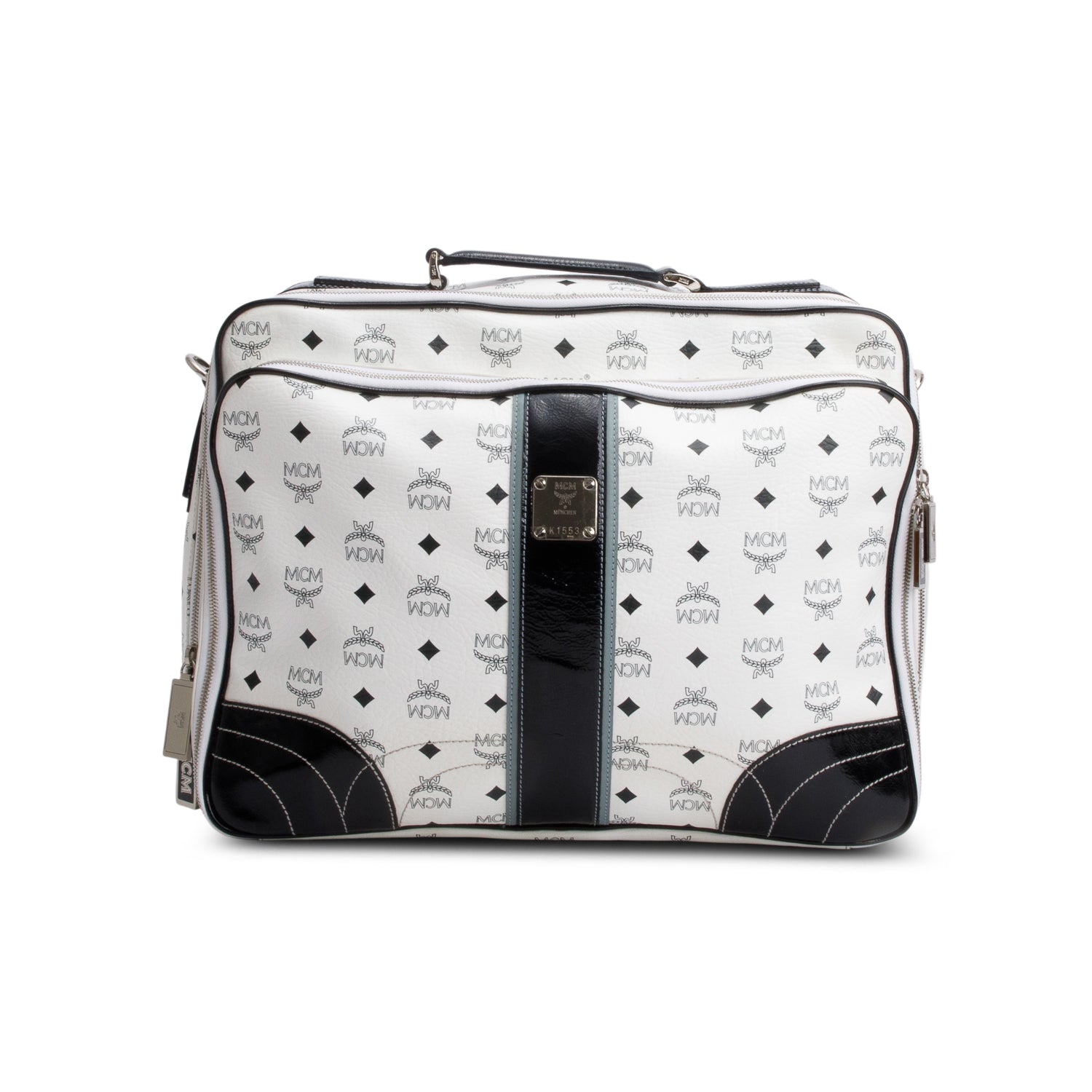 MCM Black/White Canvas Suitcase Work Bag w/ Strap