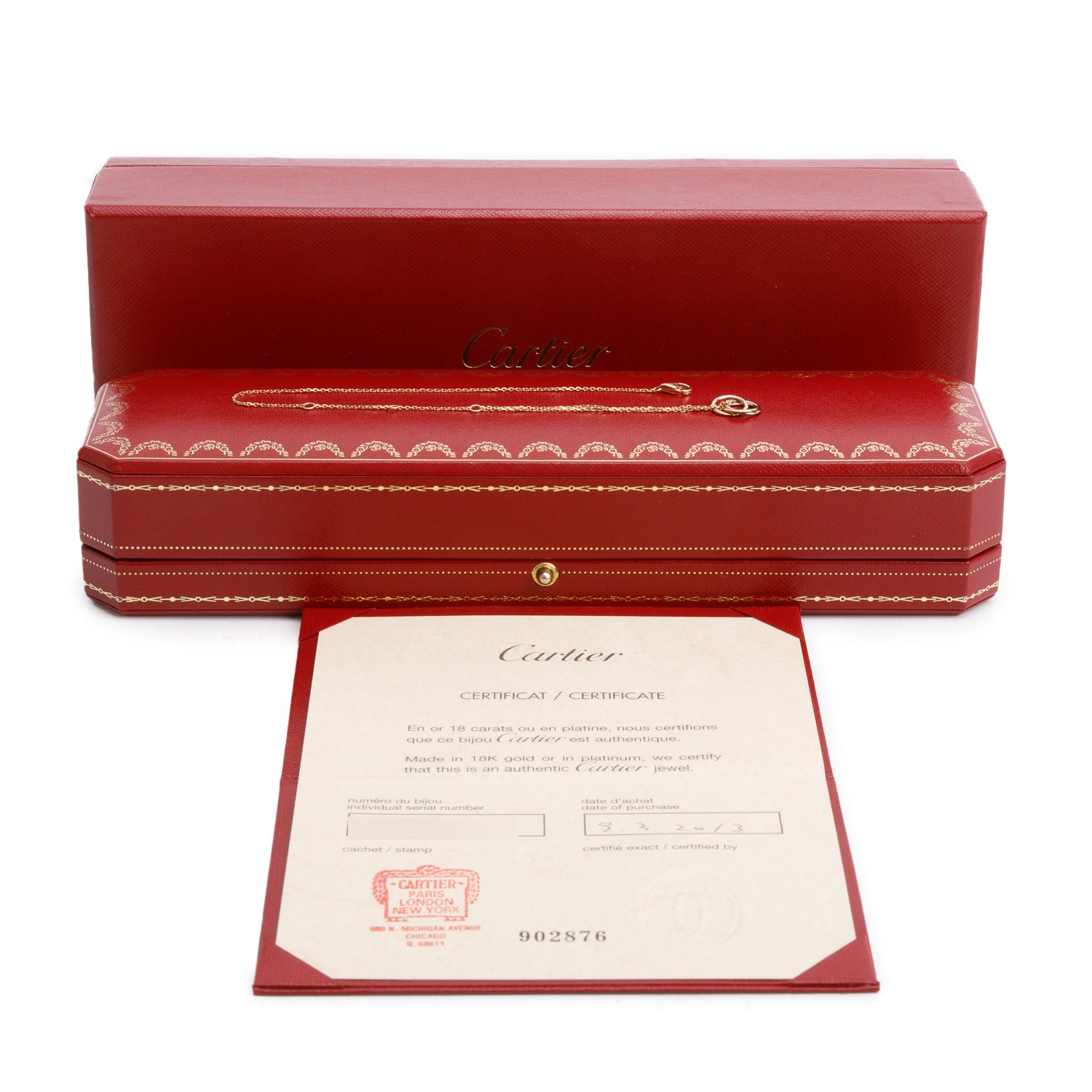 Cartier 18k White, Yellow & Rose Gold Trinity Bracelet on Chain w/ Box & Certificate
