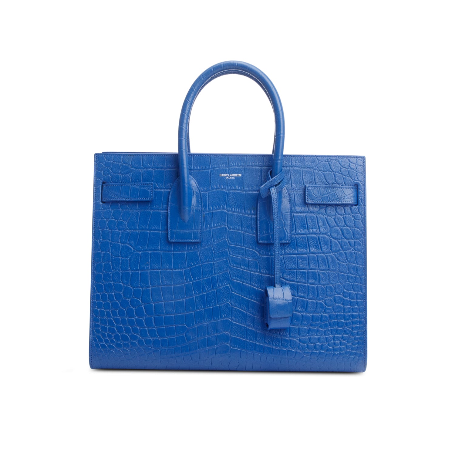 Saint Laurent Blue Crocodile Embossed Calfskin Leather Small Sac De Jour w/ Strap
