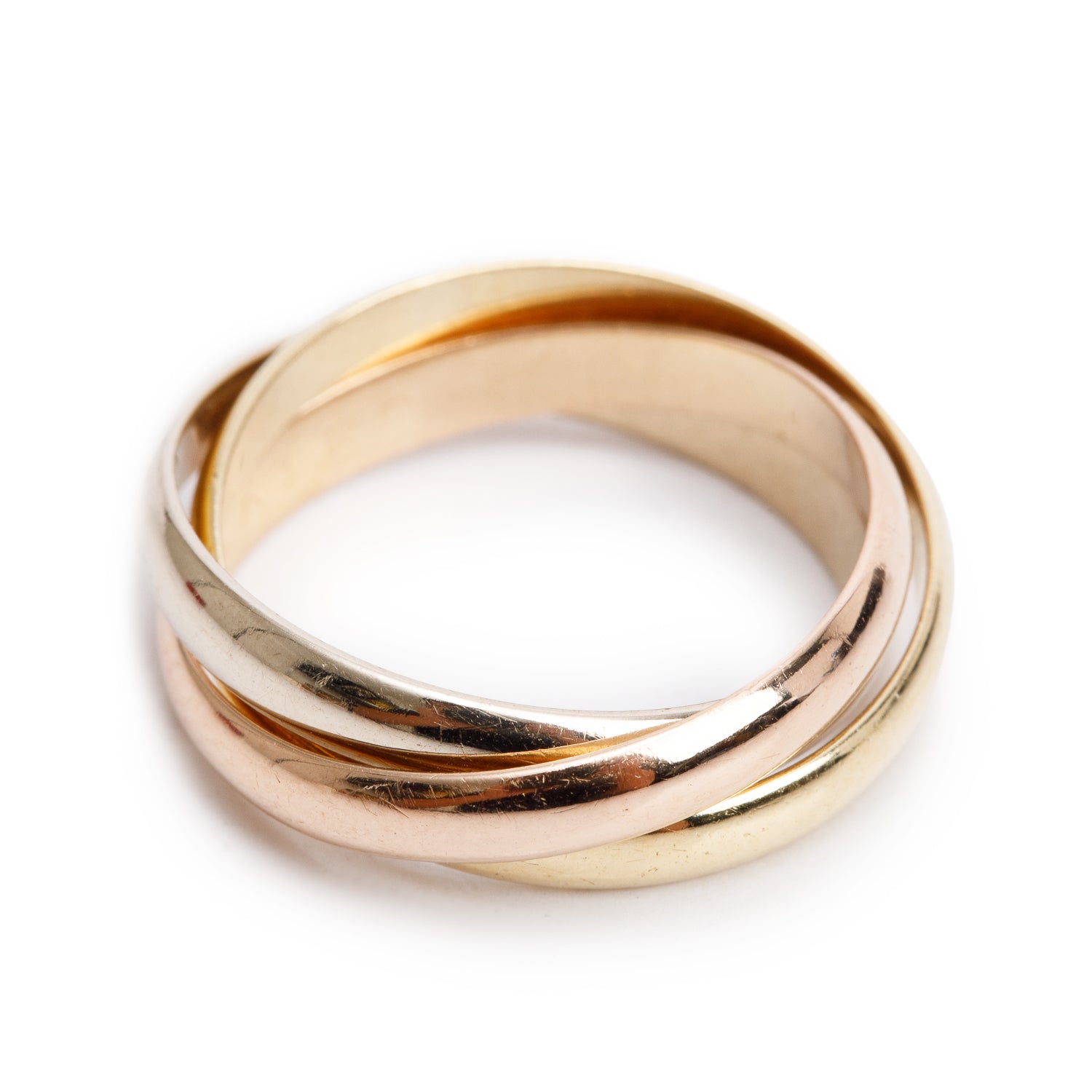 Cartier 18k Tri-Gold Vintage Trinity Rolling Ring, Size 57 8 w/ Box & Certificate