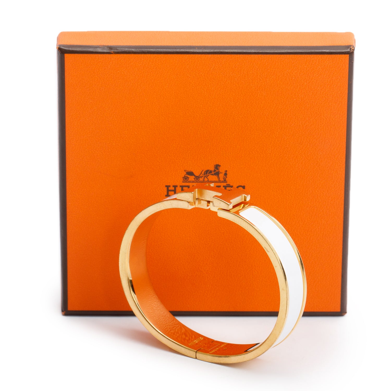 Hermes Gold Plated Blanc Enamel 12 MM Clic H Bracelet w/ Box