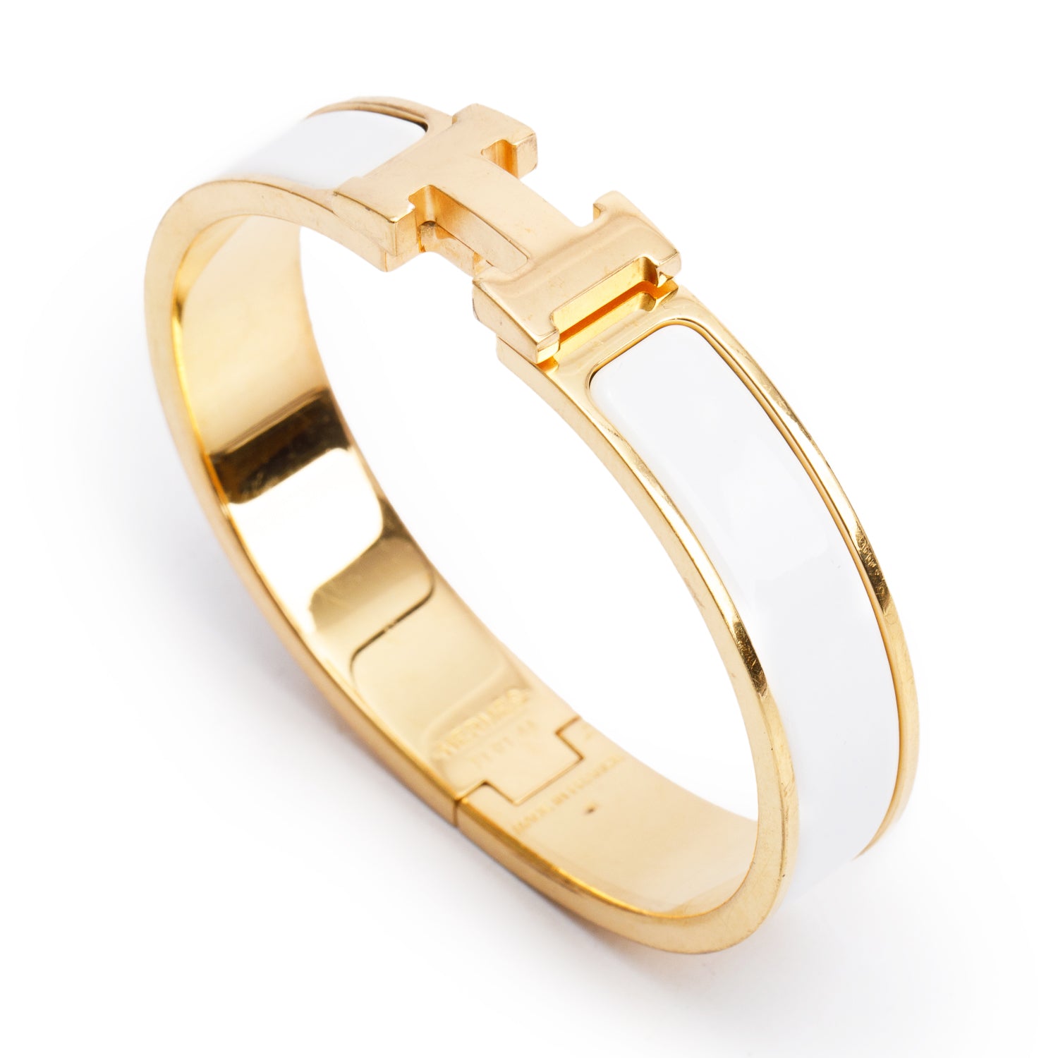 Hermes Gold Plated Blanc Enamel 12 MM Clic H Bracelet w/ Box