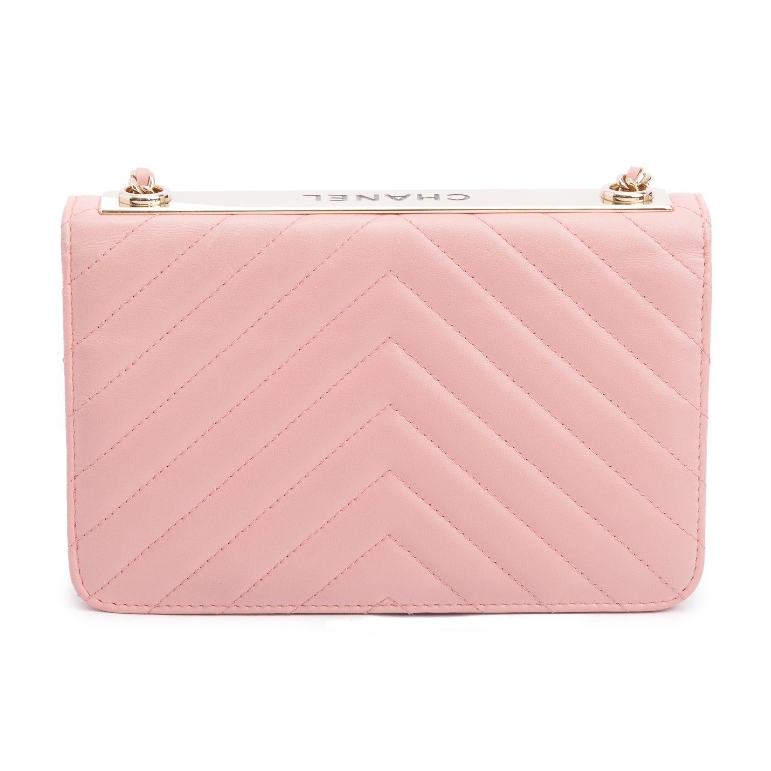Chanel Pink Chevron Quilted Lambskin Leather Trendy Wallet on Chain w/ Box