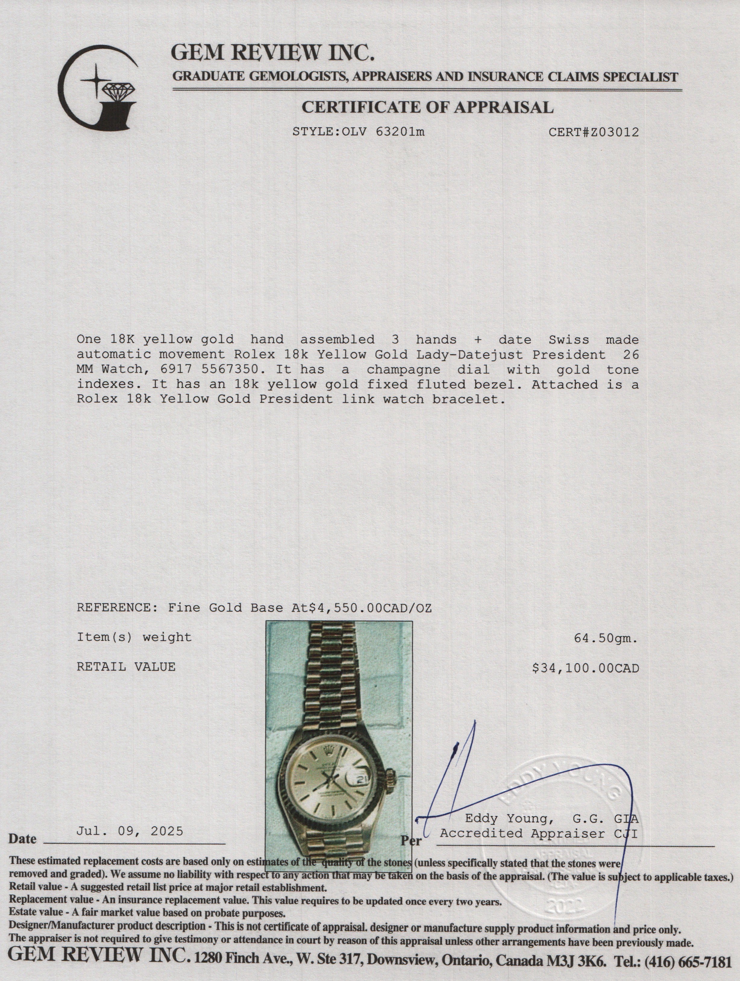 Rolex 18k Yellow Gold Lady-Datejust President 26 MM Watch 6917 w/ Box & Paper