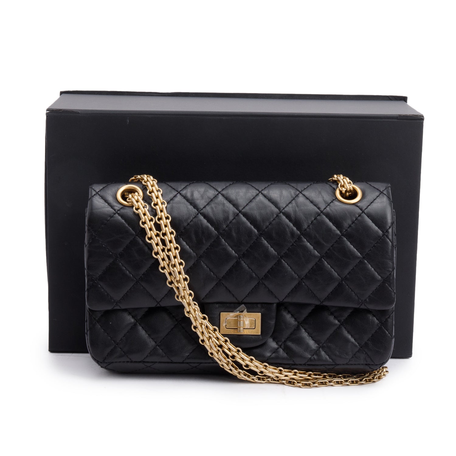 Chanel Black Aged Calfskin Leather 2.55 Reissue 225 Double Flap Bag w/ Box