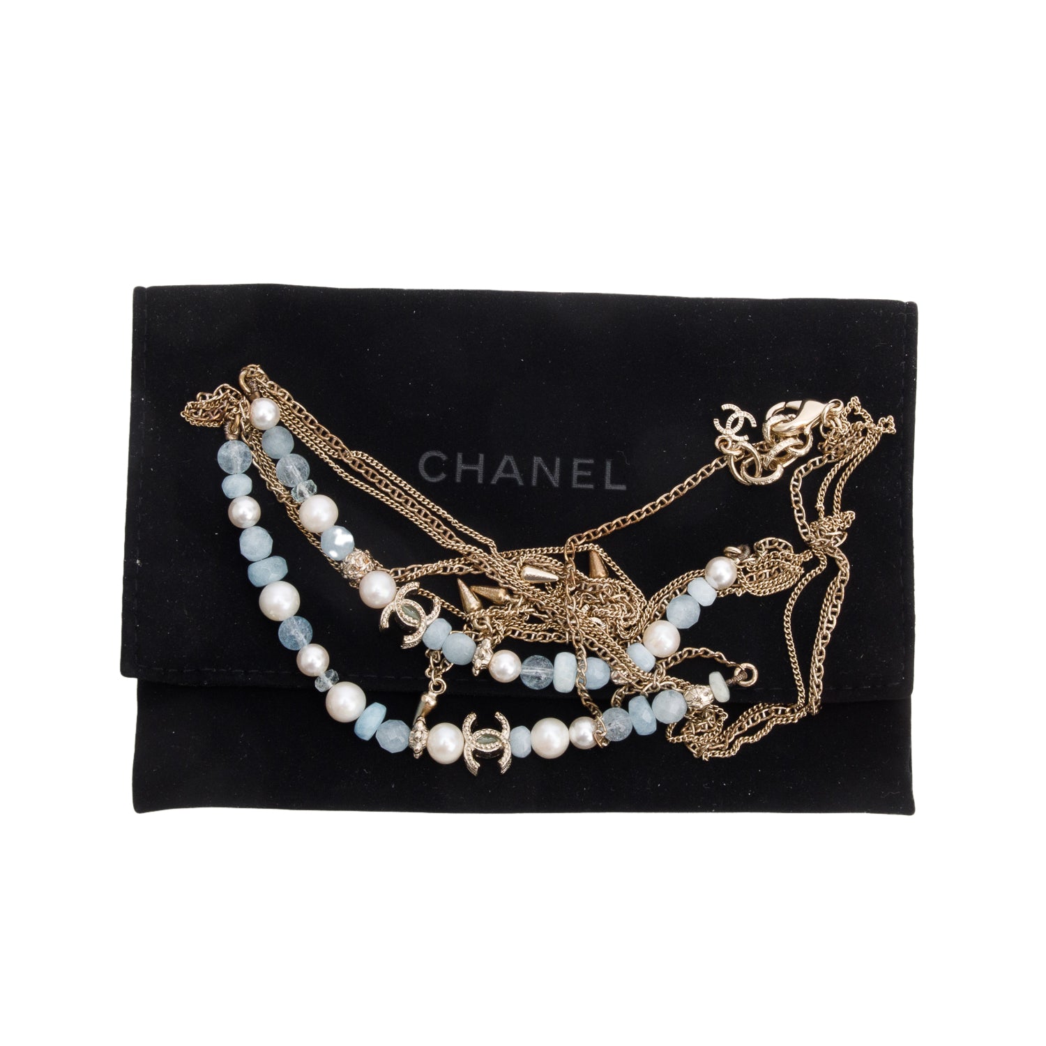 Chanel Gold-Plated Aquamarine & Quartz Bead, Faux Pearl & CC Station Necklace