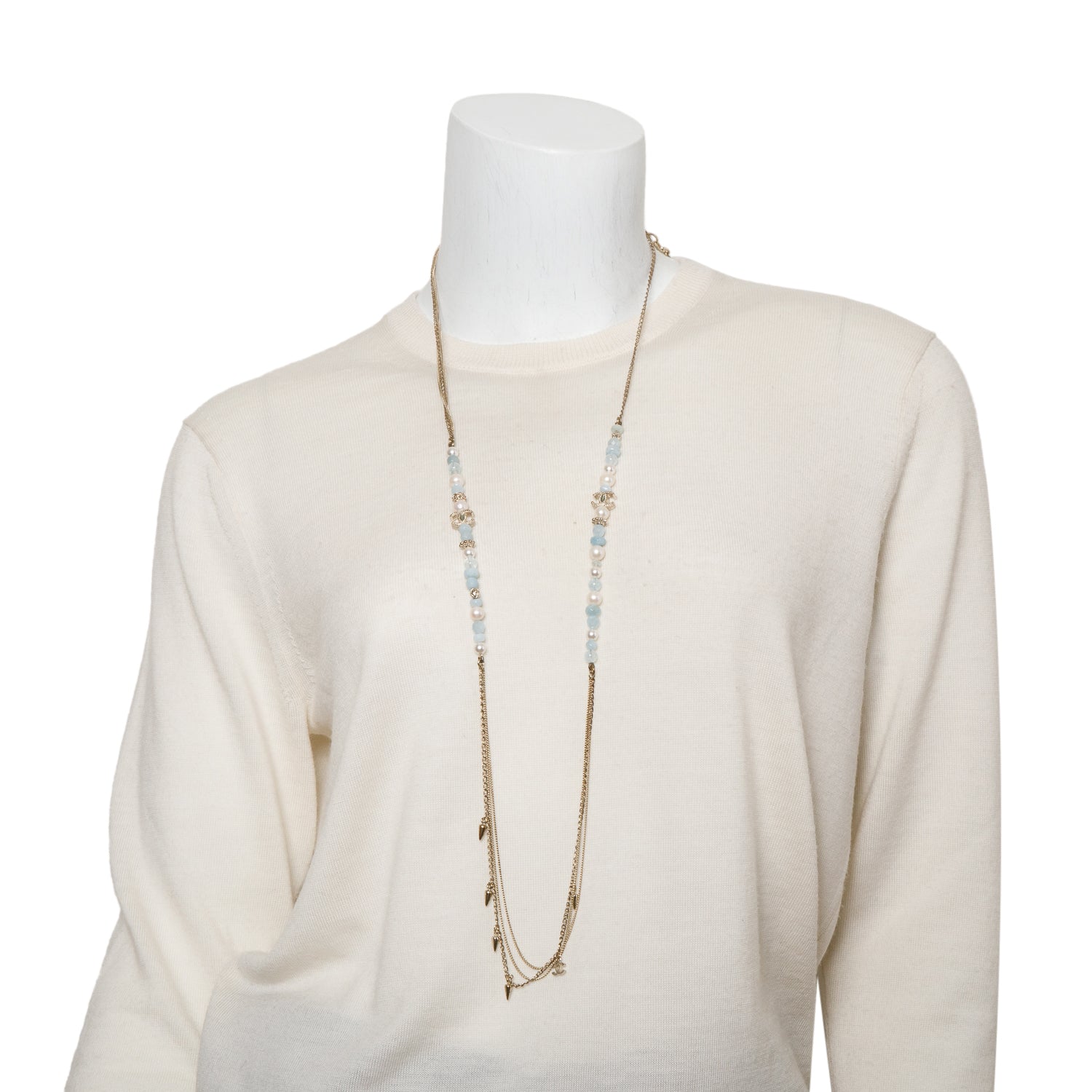 Chanel Gold-Plated Aquamarine & Quartz Bead, Faux Pearl & CC Station Necklace