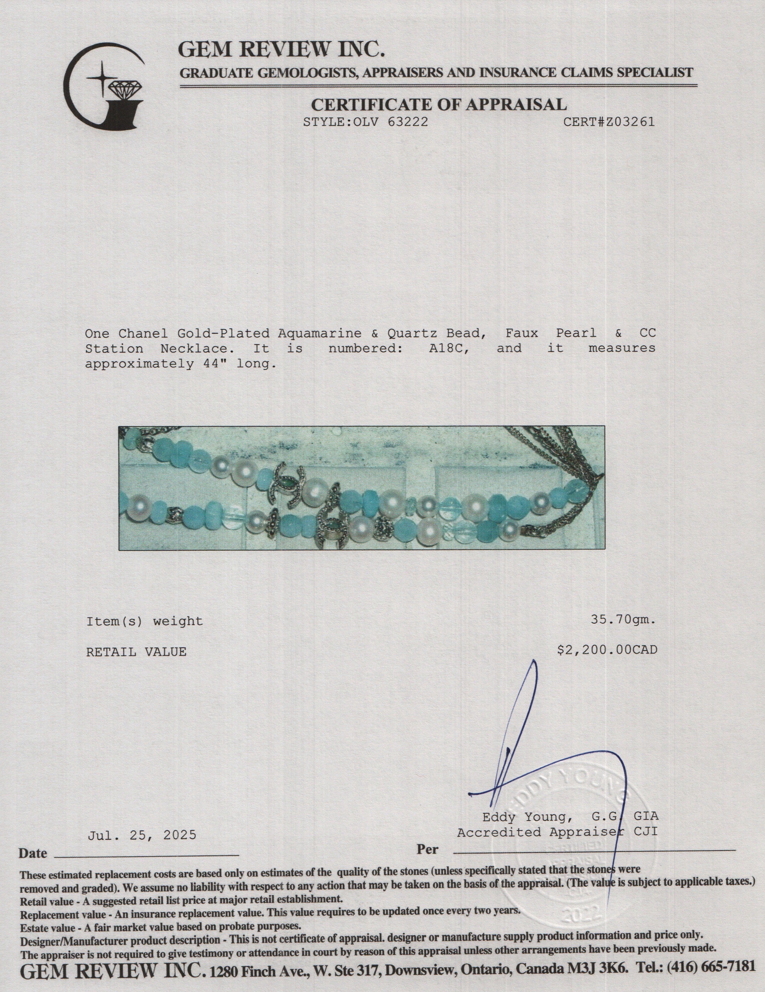 Chanel Gold-Plated Aquamarine & Quartz Bead, Faux Pearl & CC Station Necklace