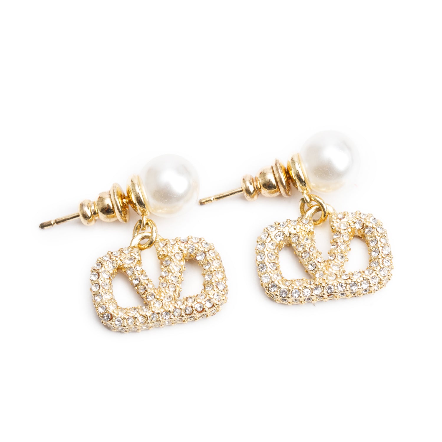 Valentino Gold-Plated Faux Pearl Crystal VLogo Signature Drop Earrings