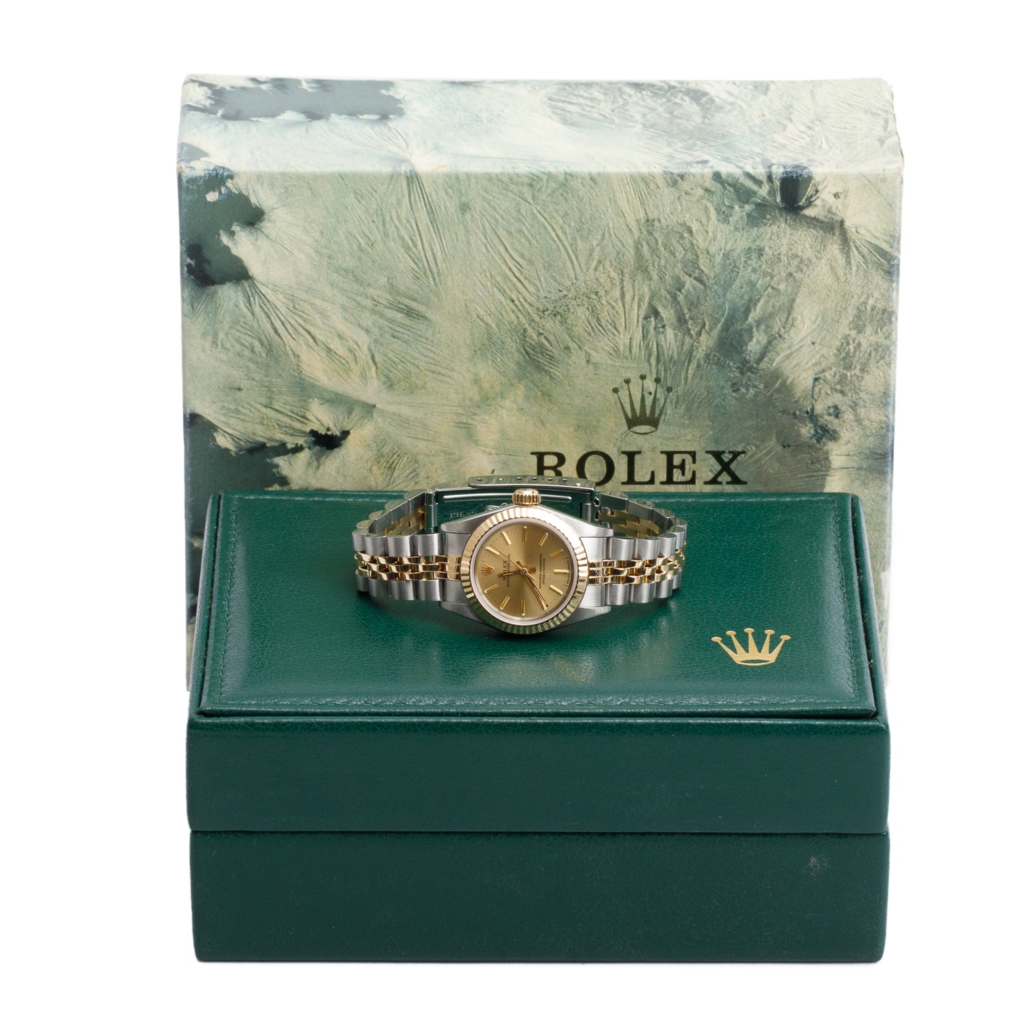 Rolex Stainless Steel & 18k Yellow Gold Oyster Perpetual 26 MM Watch Gold Dial 67193 w/ Box