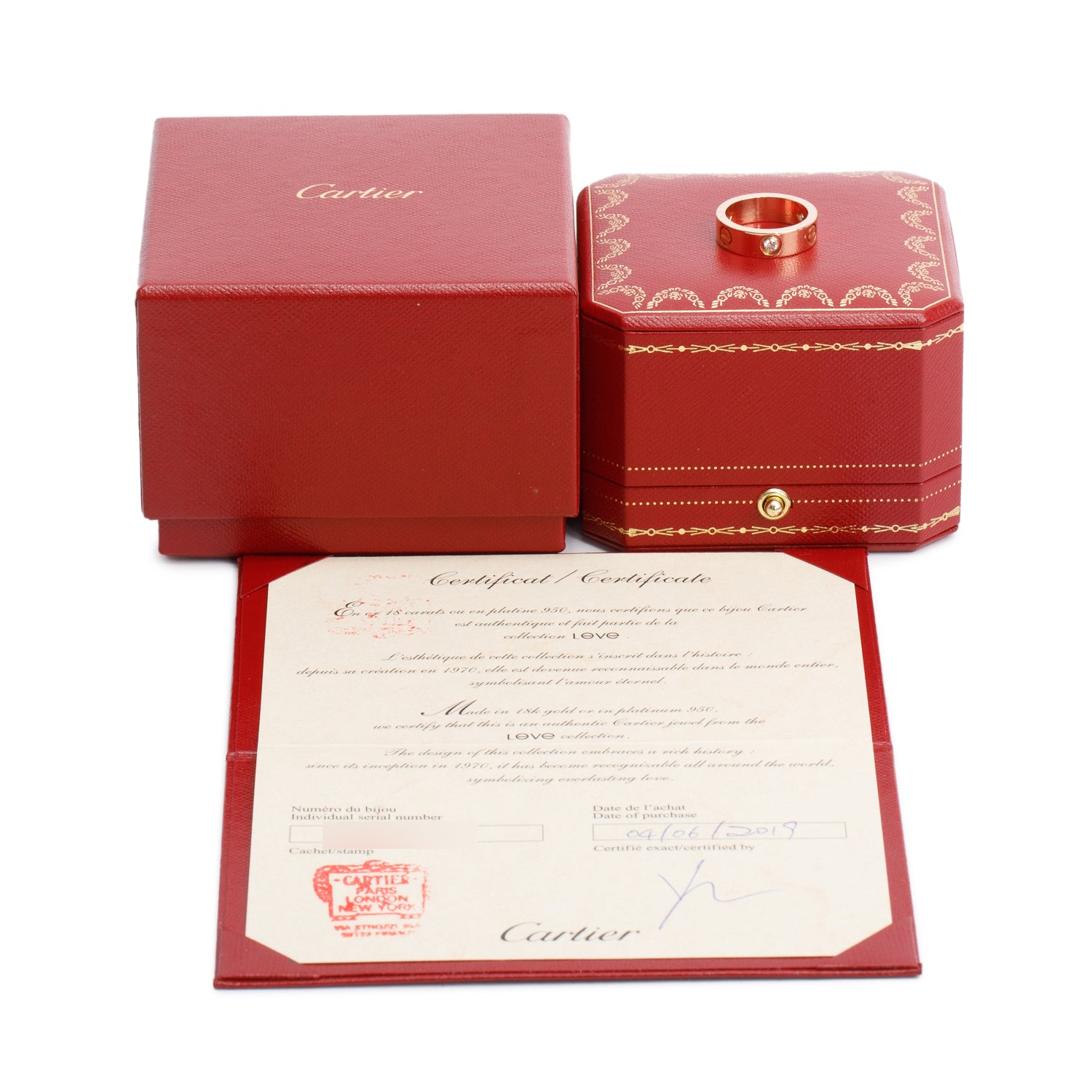 Cartier 18k Rose Gold 3 Diamond Love Ring, Size 51 5.75 w/ Box & Certificate