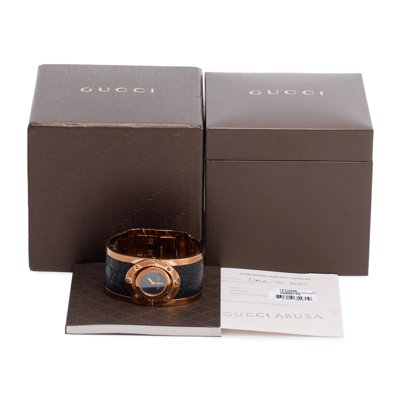 Gucci Rose Gold Plated Stainless Steel & Black Leather Twirl 24 MM Watch w/ Box & Papers