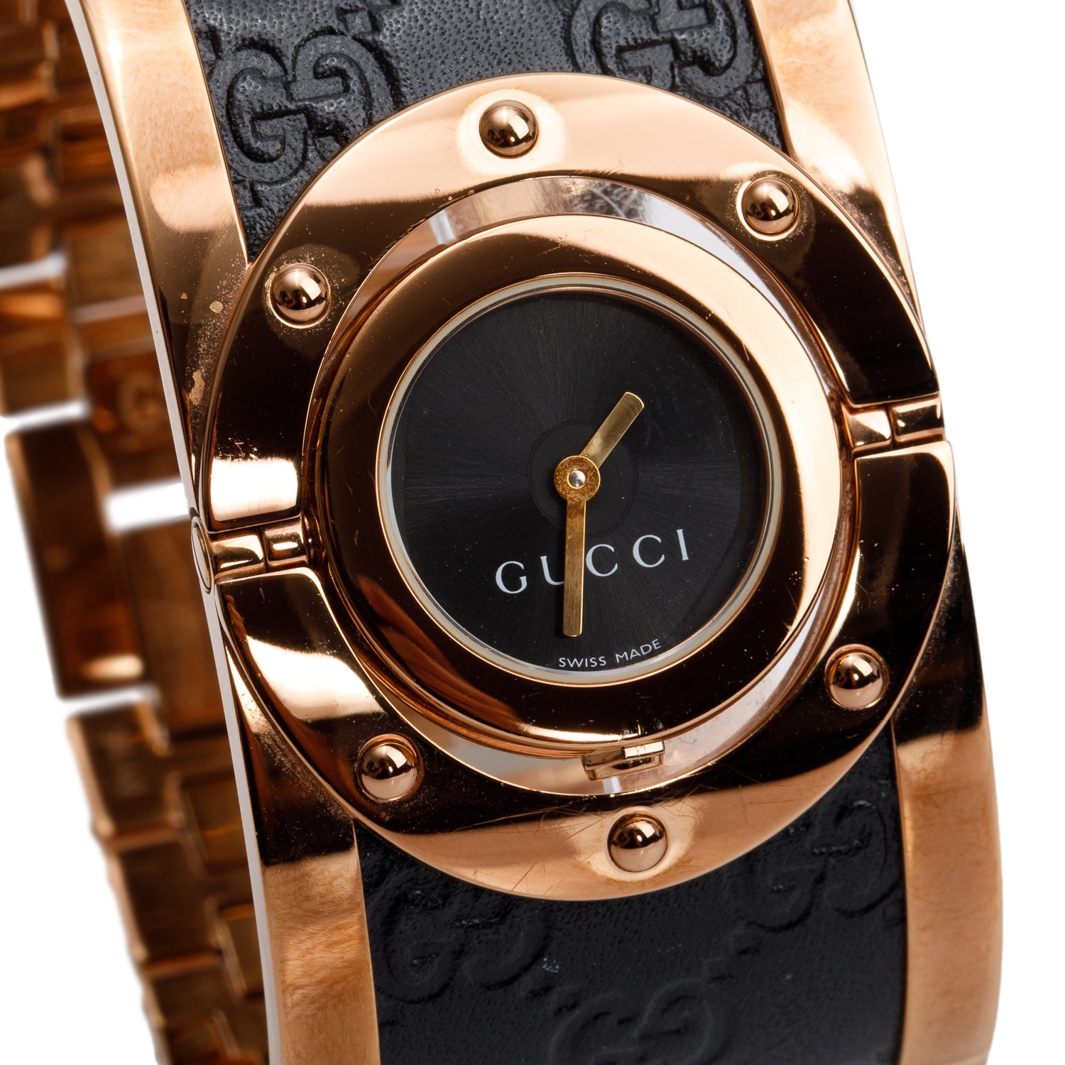Gucci Rose Gold Plated Stainless Steel & Black Leather Twirl 24 MM Watch w/ Box & Papers