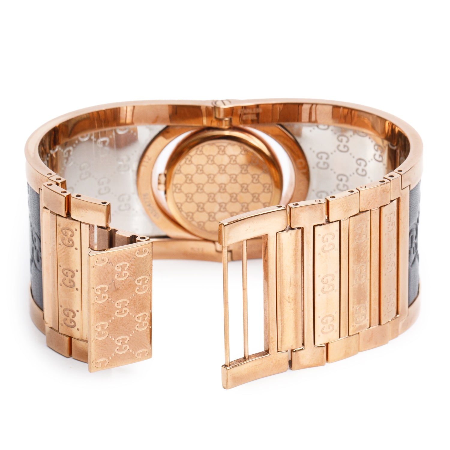 Gucci Rose Gold Plated Stainless Steel & Black Leather Twirl 24 MM Watch w/ Box & Papers