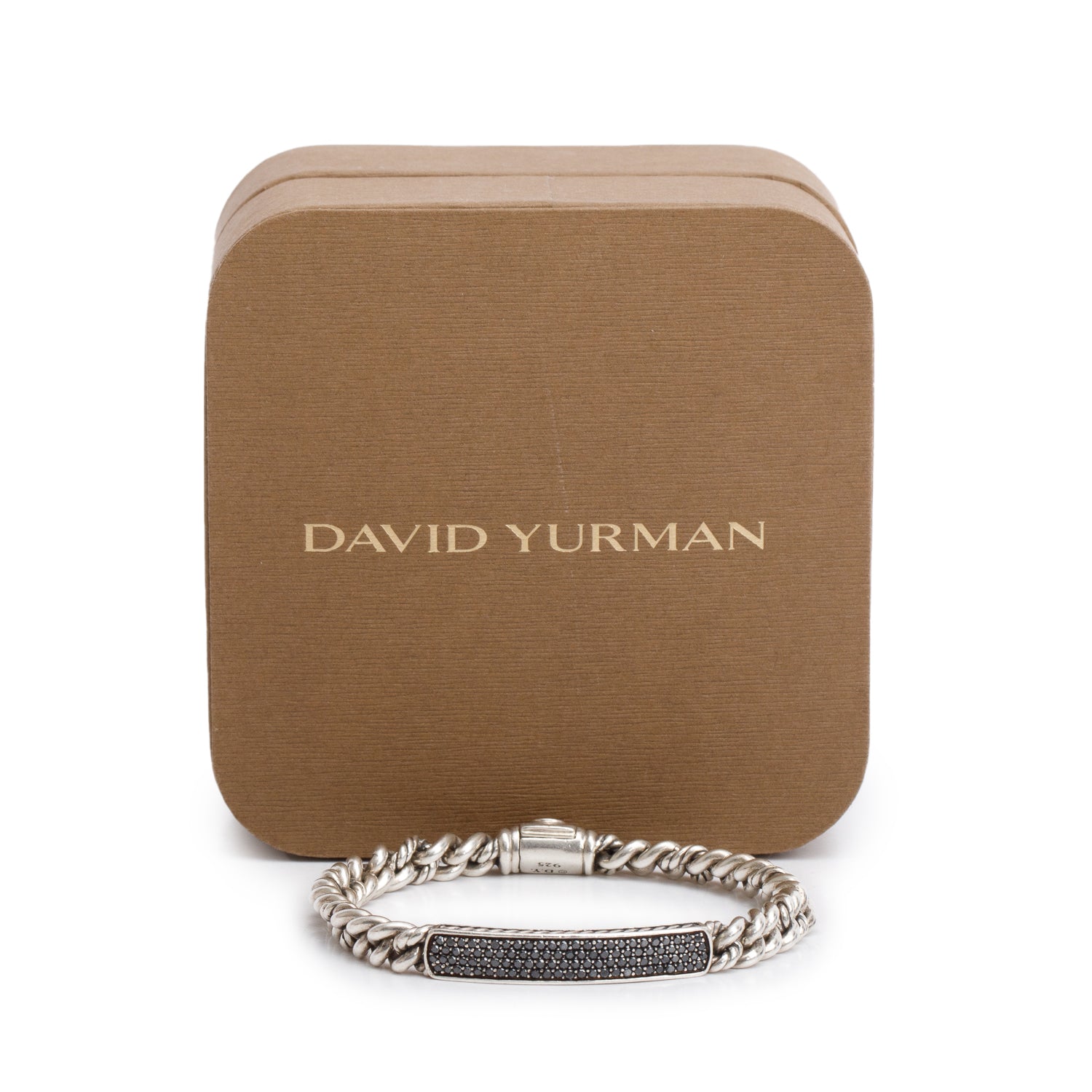 David Yurman Sterling Silver Pave Black Diamond Curb Link ID Bracelet w/ Box