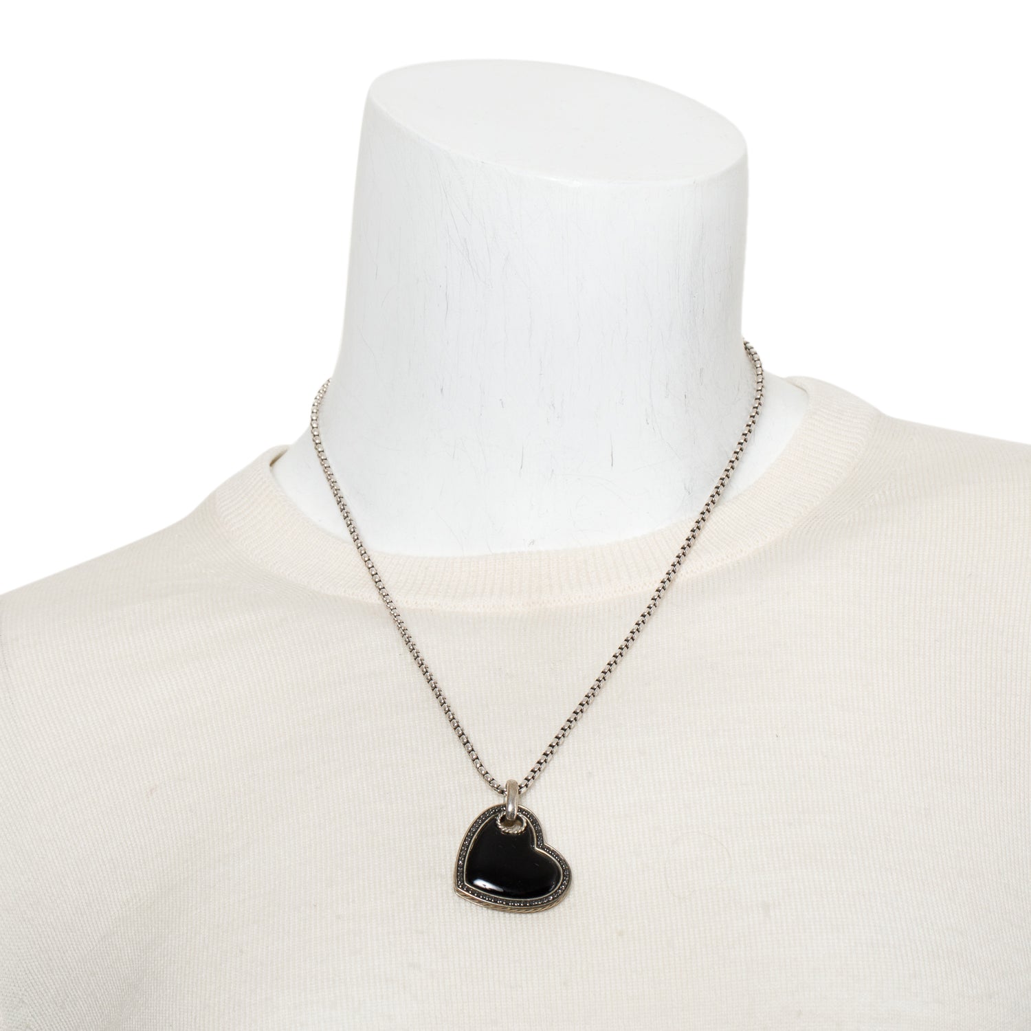 David Yurman Sterling Silver Onyx & Diamond Cable Heart Pendant Necklace
