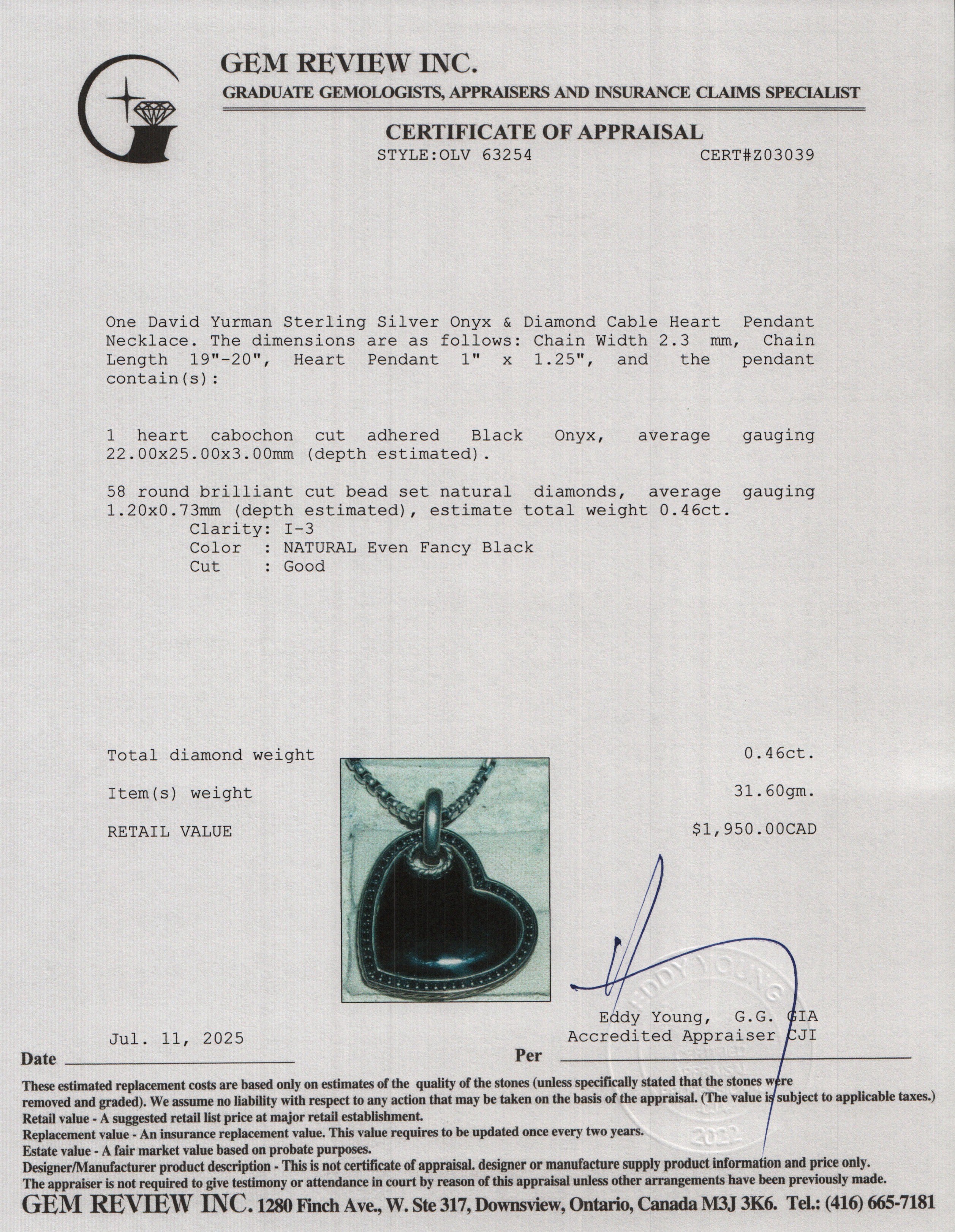 David Yurman Sterling Silver Onyx & Diamond Cable Heart Pendant Necklace