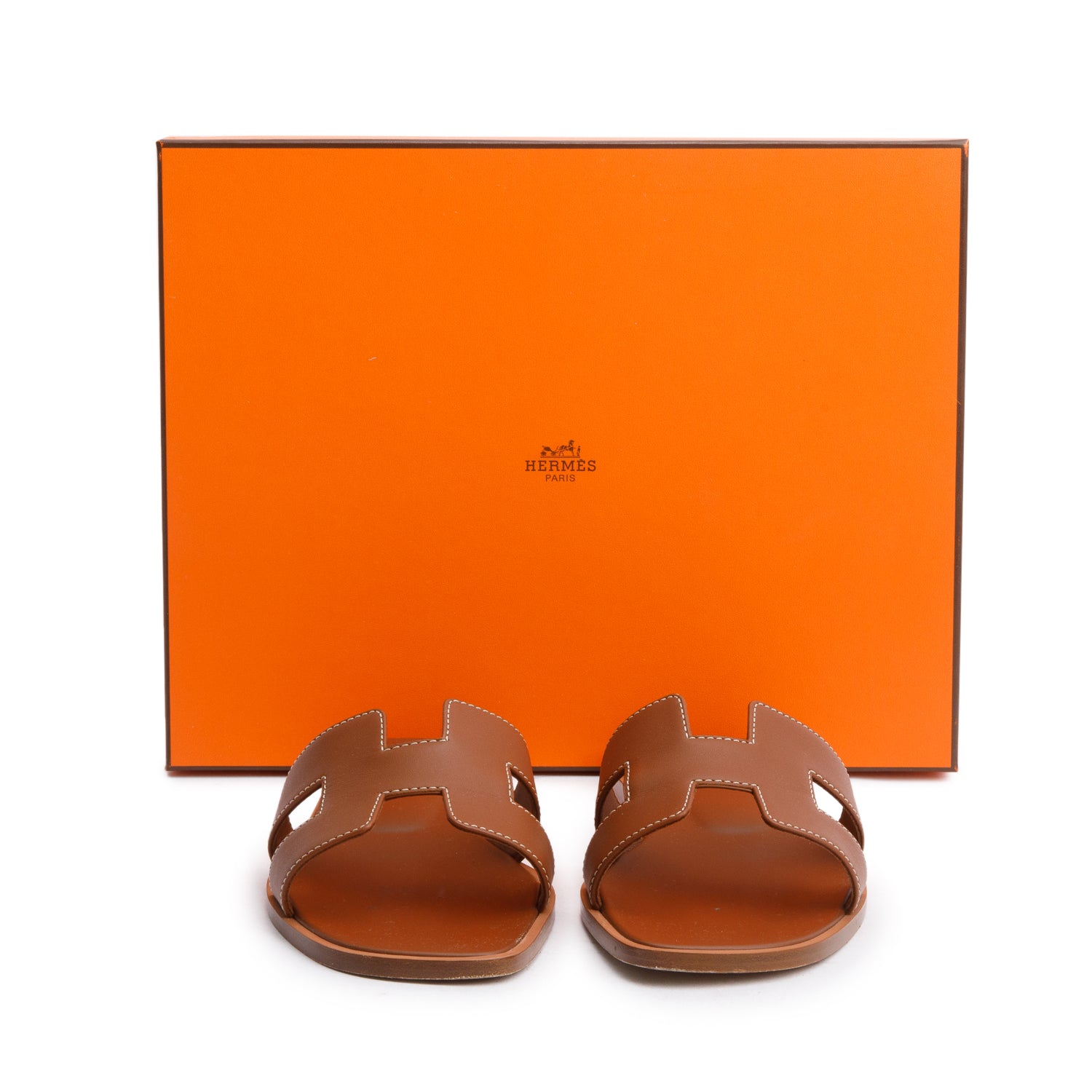 Hermes Gold Veau Lisse Leather Oran Sandals, Size 37 w/ Box
