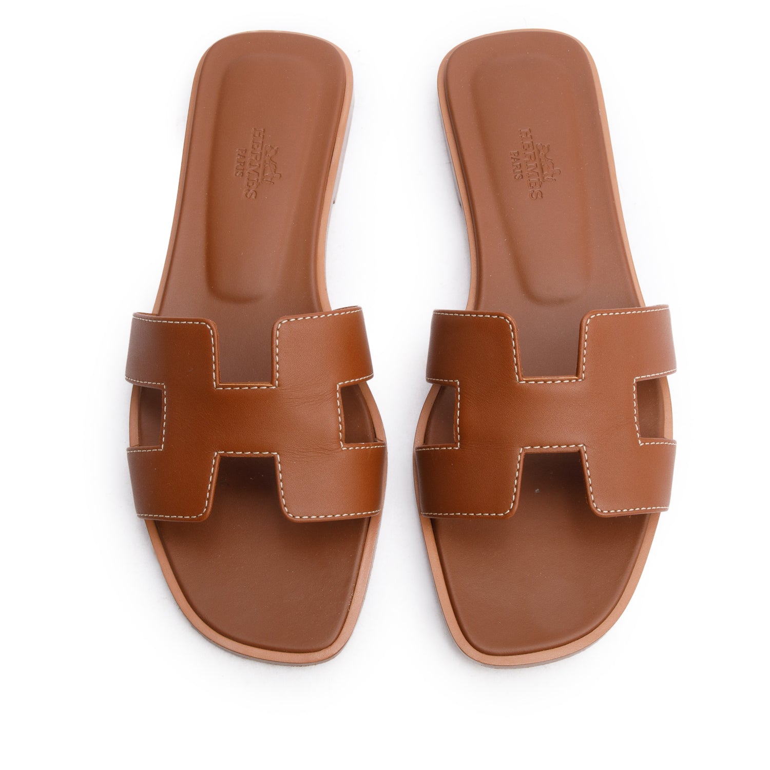 Hermes Gold Veau Lisse Leather Oran Sandals, Size 37 w/ Box