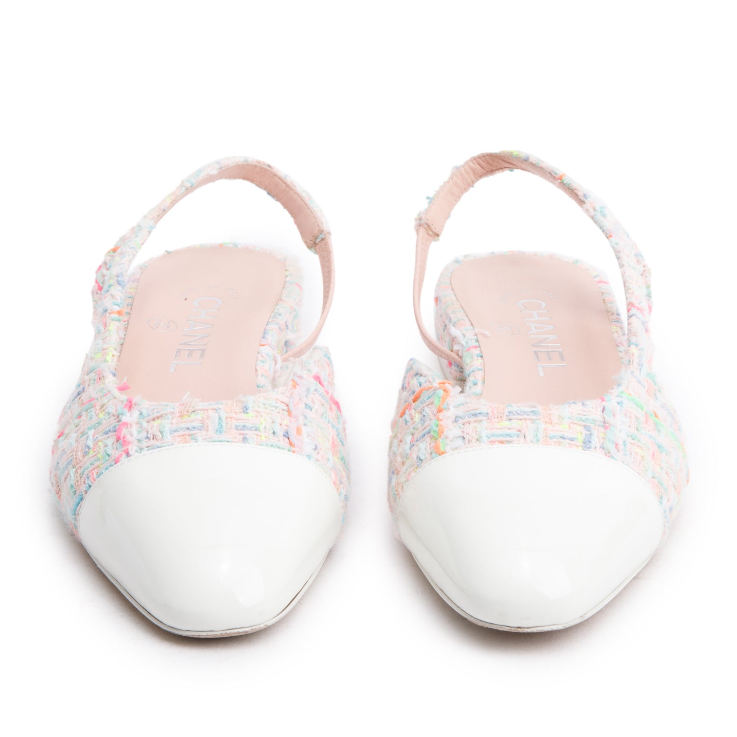 Chanel Pink Tweed White Patent Leather Cap Toe CC Slingback Flats, Size 37 w/ Box