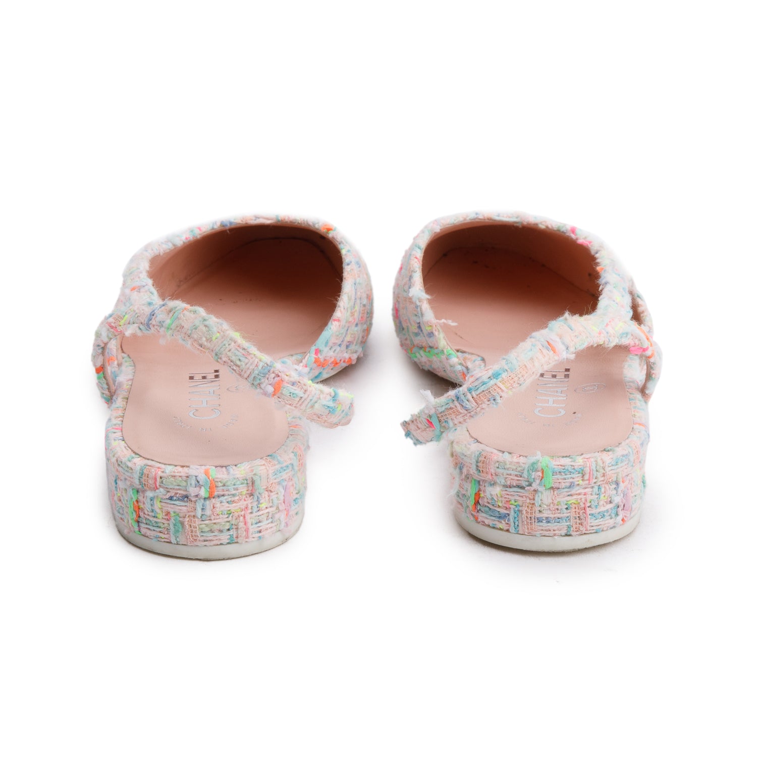 Chanel Pink Tweed White Patent Leather Cap Toe CC Slingback Flats, Size 37 w/ Box