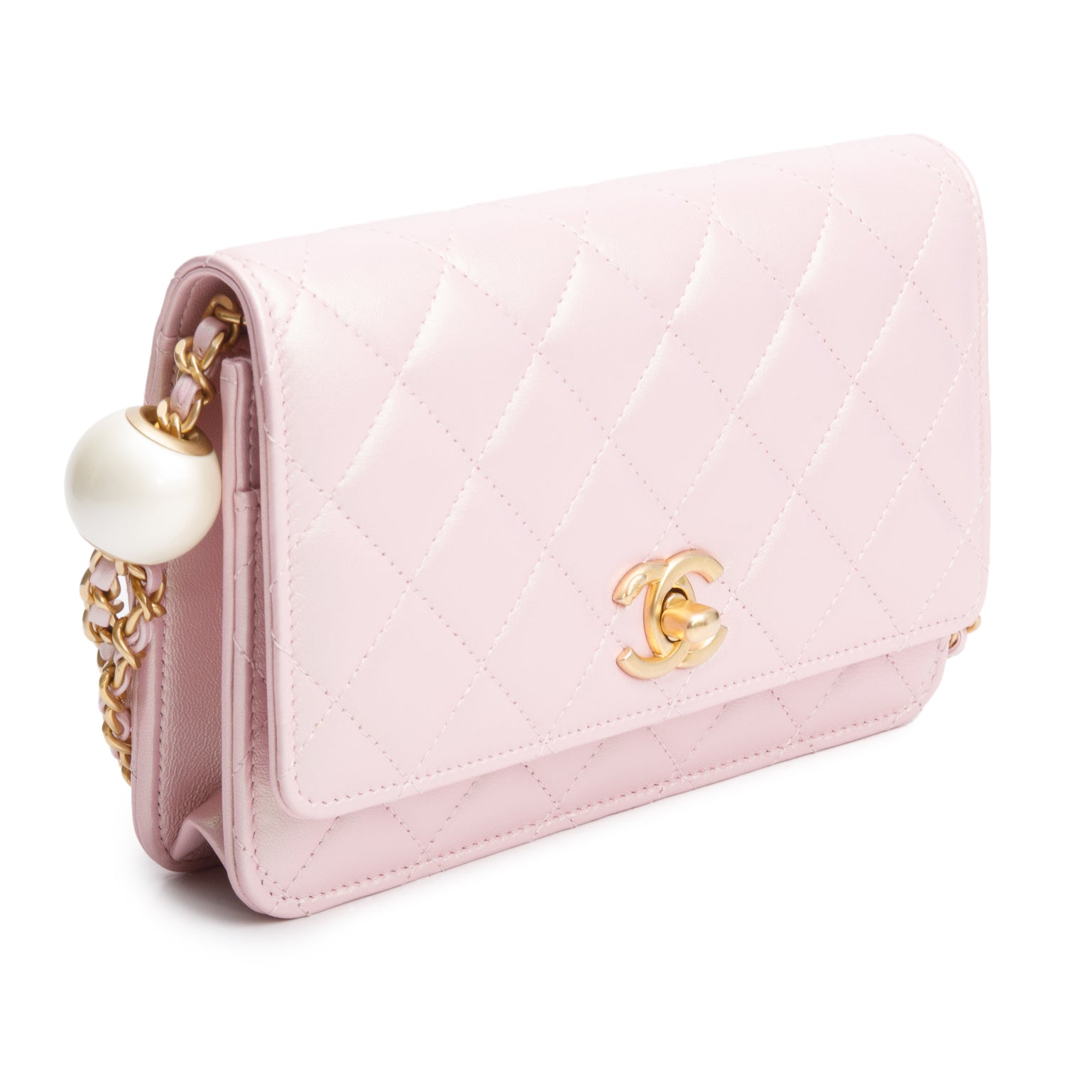 Chanel Pink Iridescent Quilted Lambskin Leather CC Pearl Crush Classic Wallet on Chain w/ Box