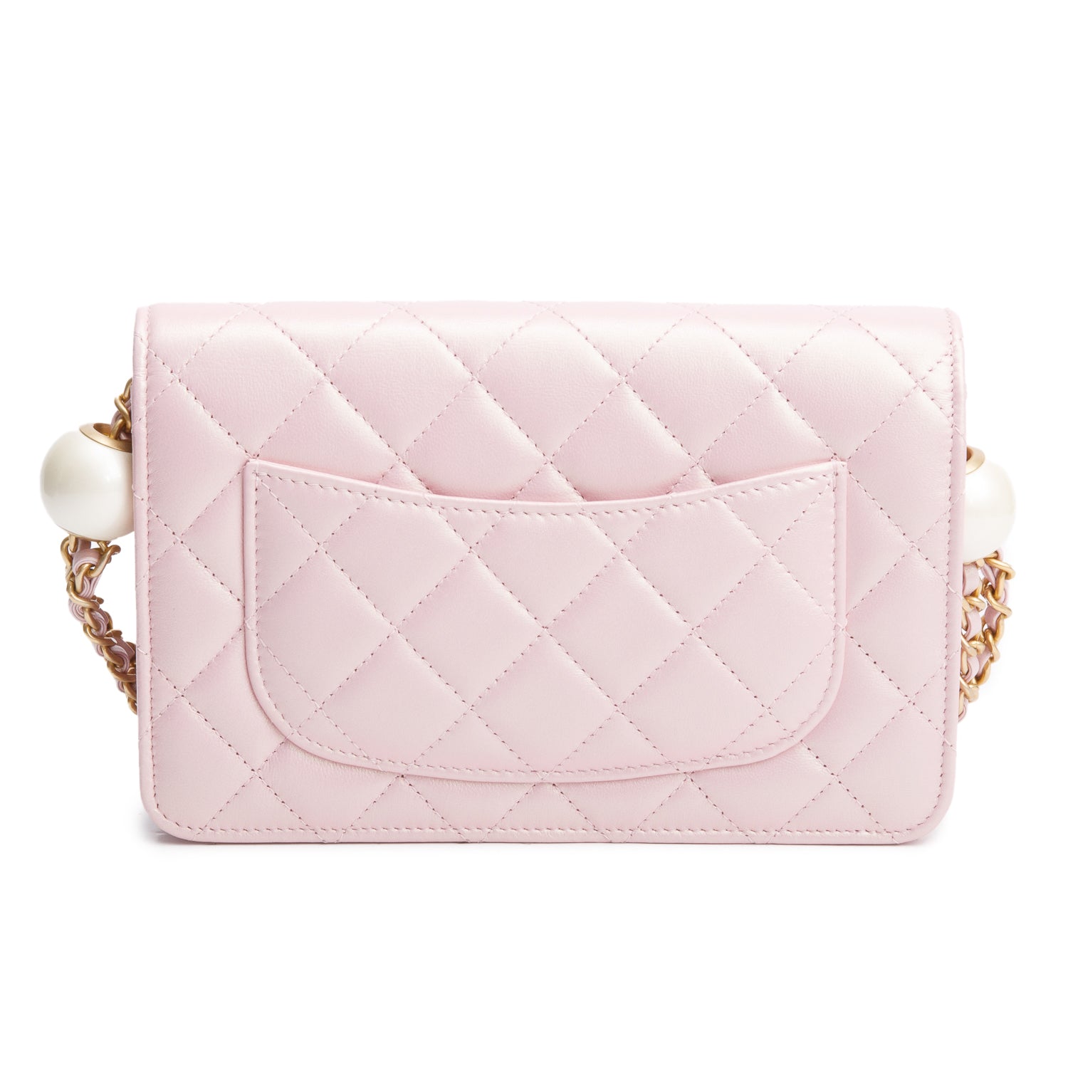 Chanel Pink Iridescent Quilted Lambskin Leather CC Pearl Crush Classic Wallet on Chain w/ Box