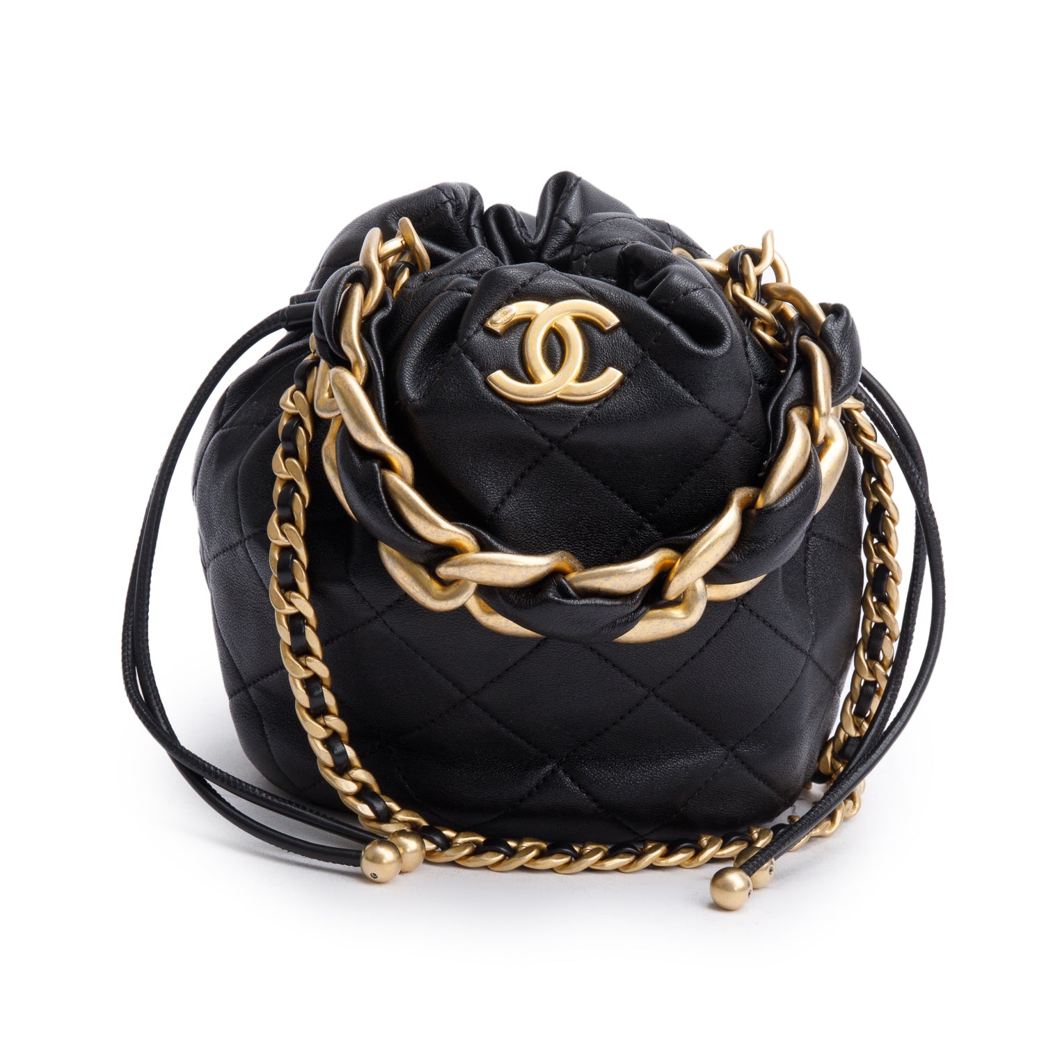 Chanel 2021 Black Calfskin Leather Chain is More Bucket Bag w/ Authenticity Card