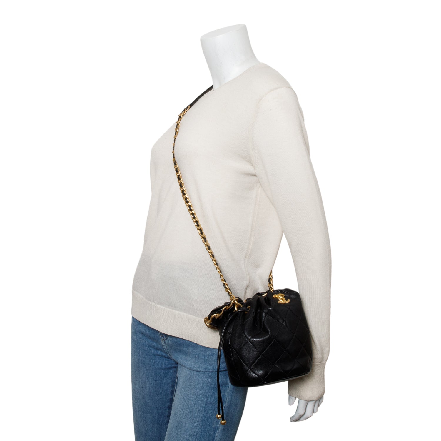 Chanel 2021 Black Calfskin Leather Chain is More Bucket Bag w/ Authenticity Card