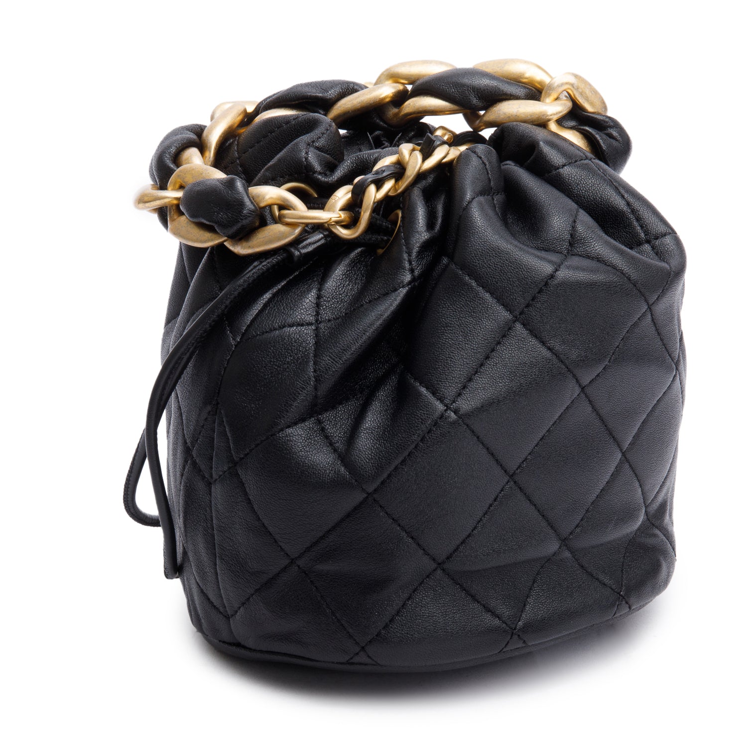 Chanel 2021 Black Calfskin Leather Chain is More Bucket Bag w/ Authenticity Card